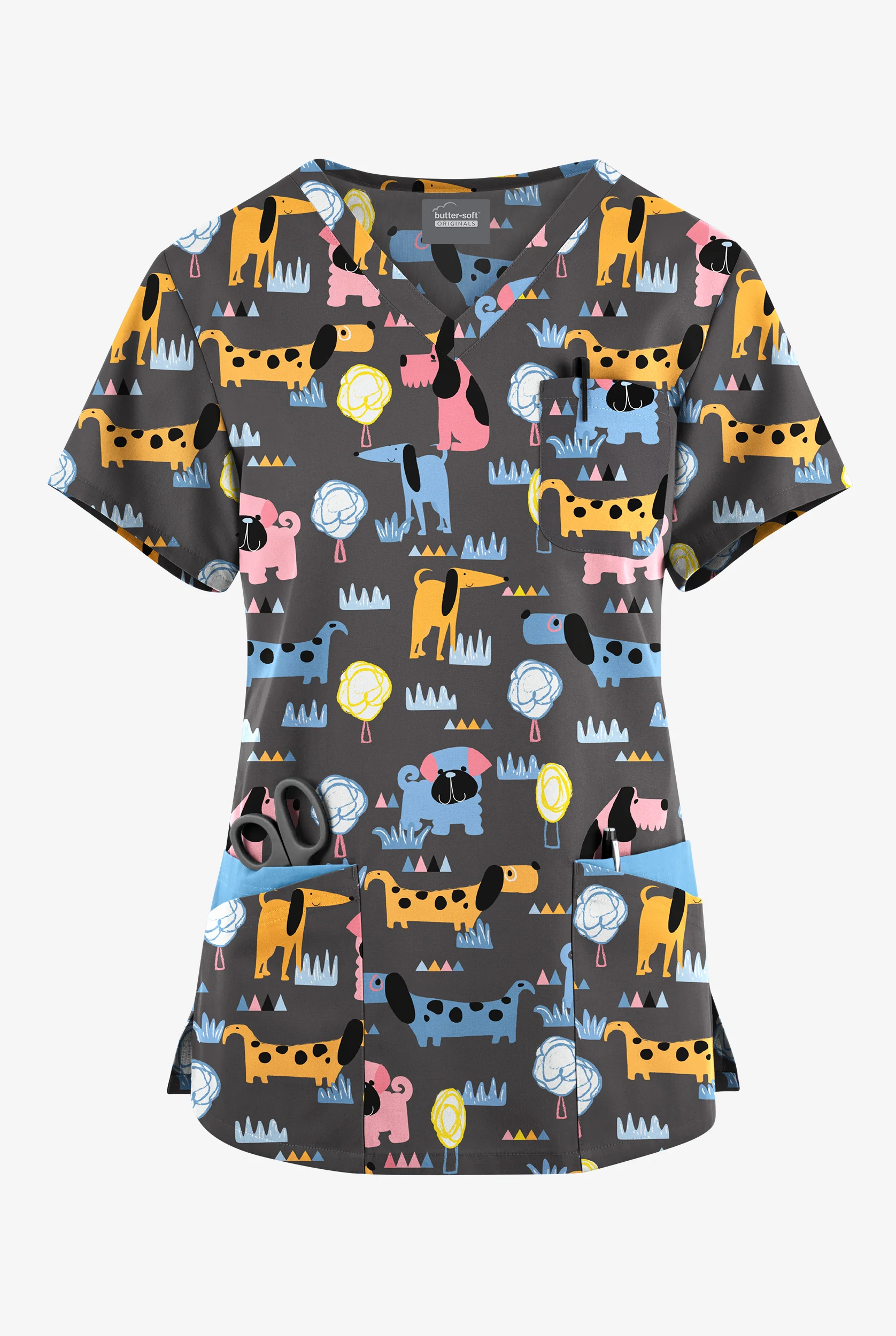 Butter-Soft Originals Meeting In The Park Pewter Women's 7-Pocket Rounded V-Neck Print Scrub Top