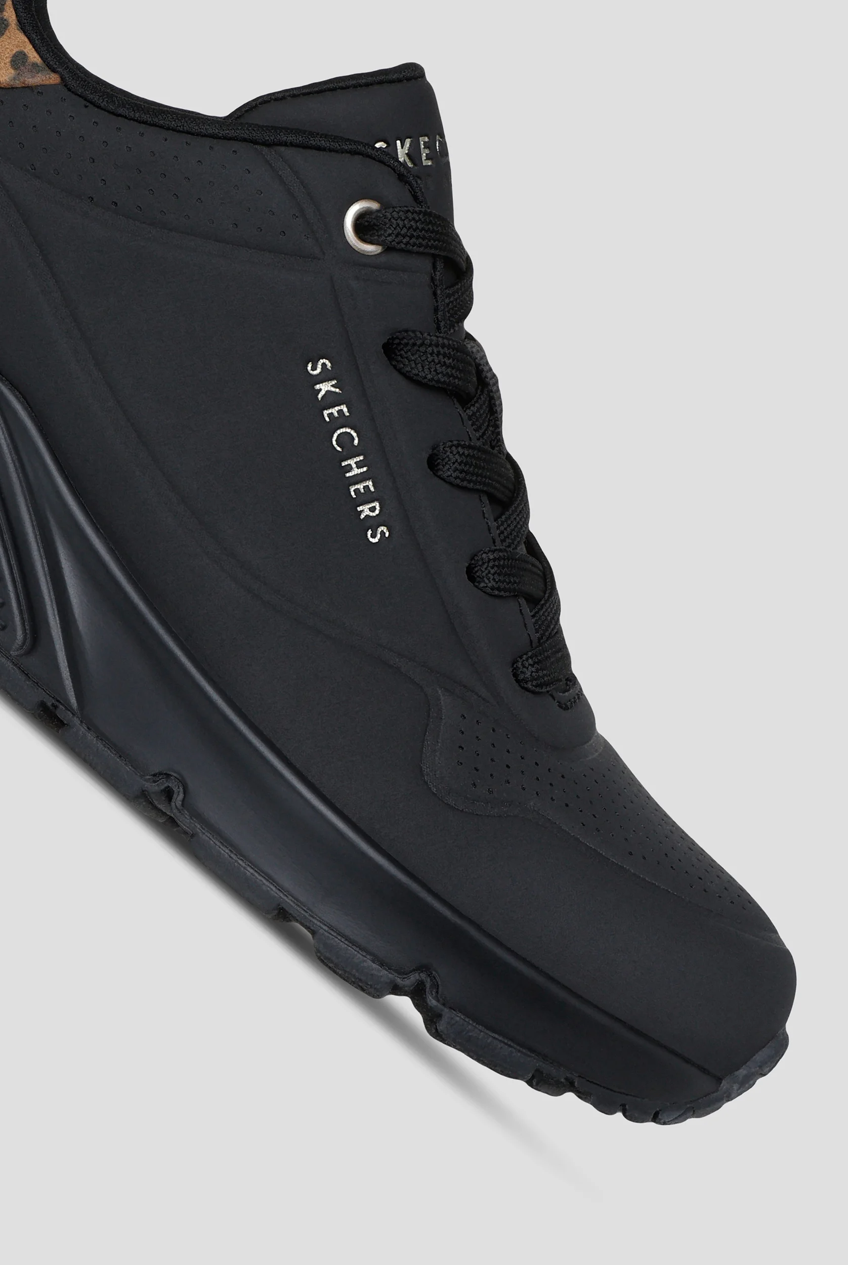 Skechers Street Black Leopard Moustache Durabuck Uno Athletic Lace Up Shoes