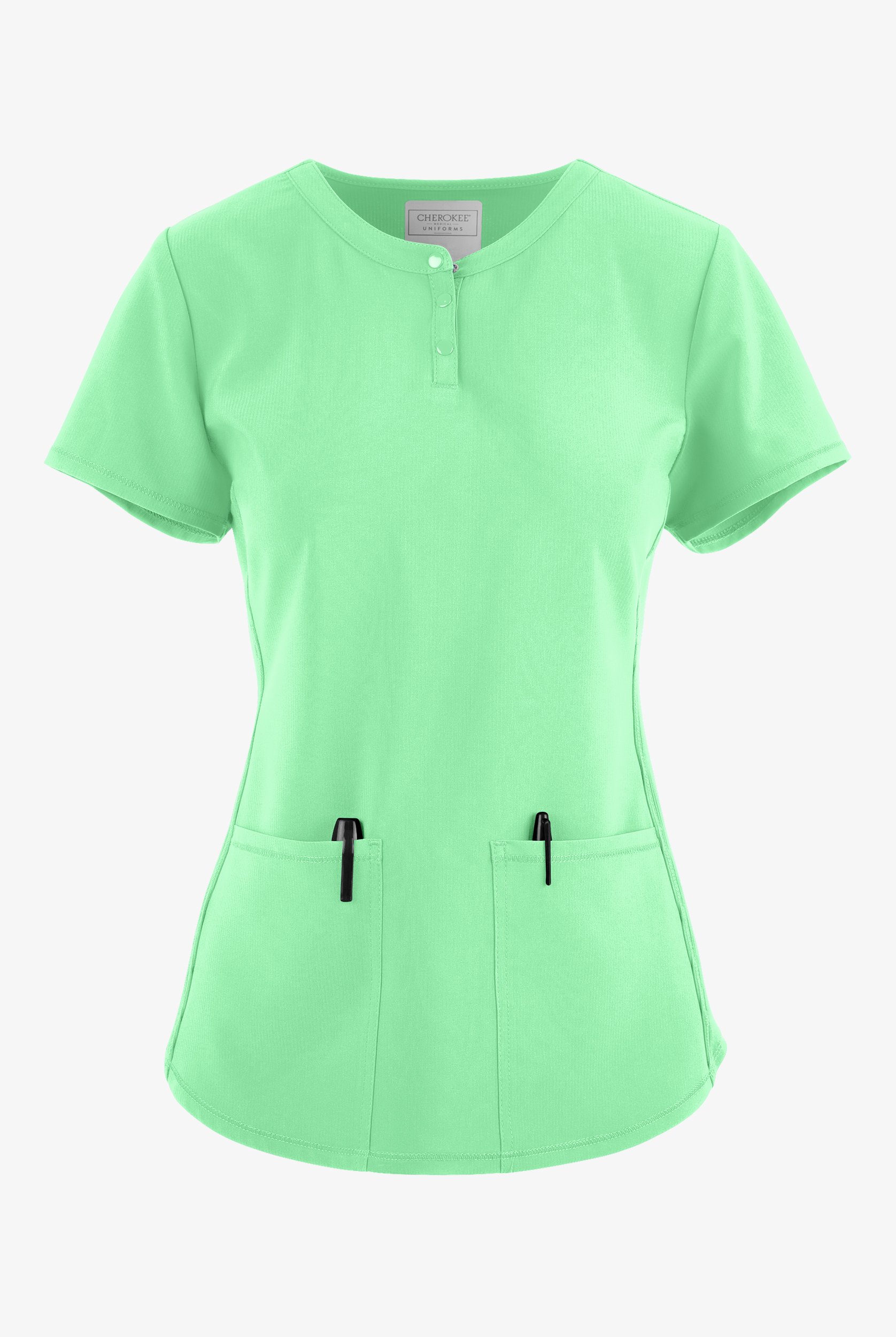 Blusa médica Cherokee Collection STRETCH con cuello Henley con tejido acanalado y 3 bolsillos para mujer