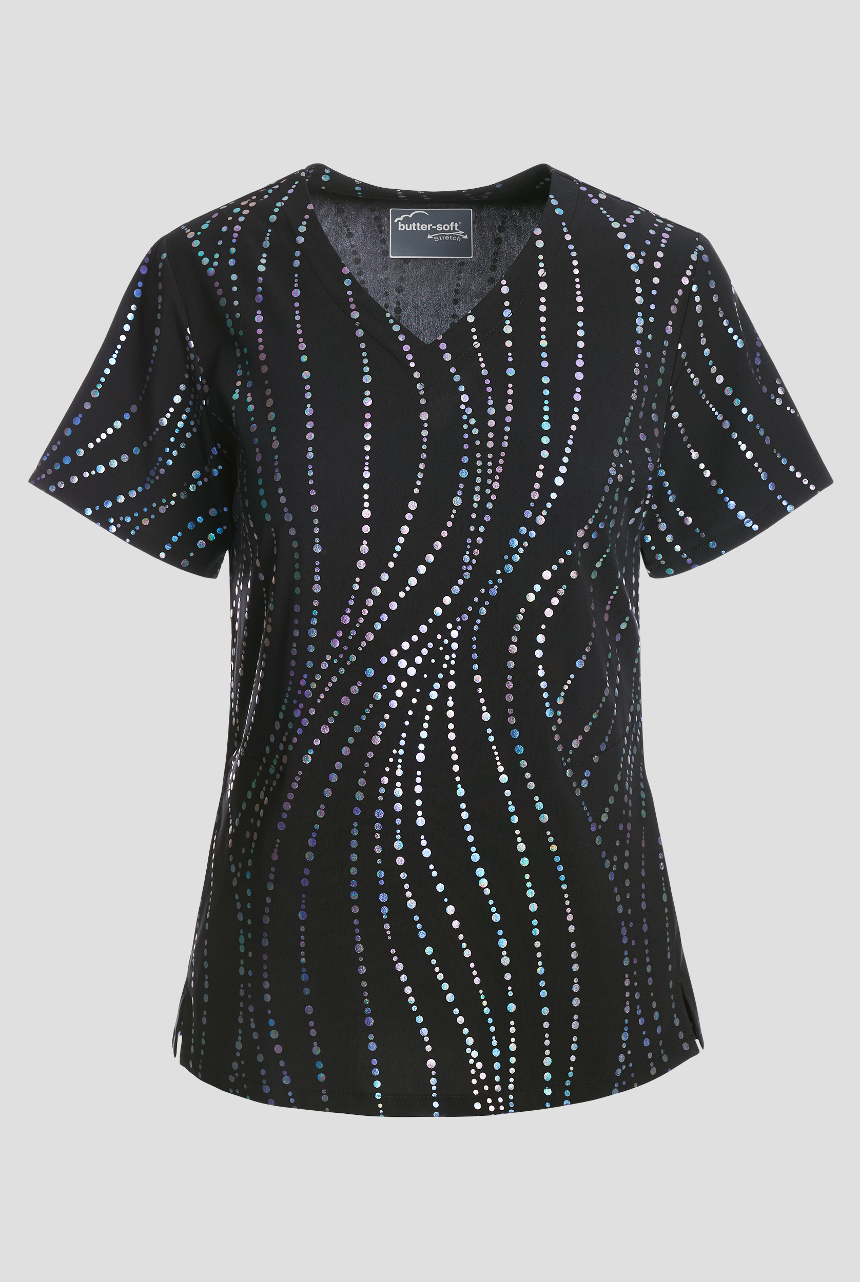 Blusa médica estampada UA Butter-Soft STRETCH Rhythmic Waves Black con cuello en V para mujer