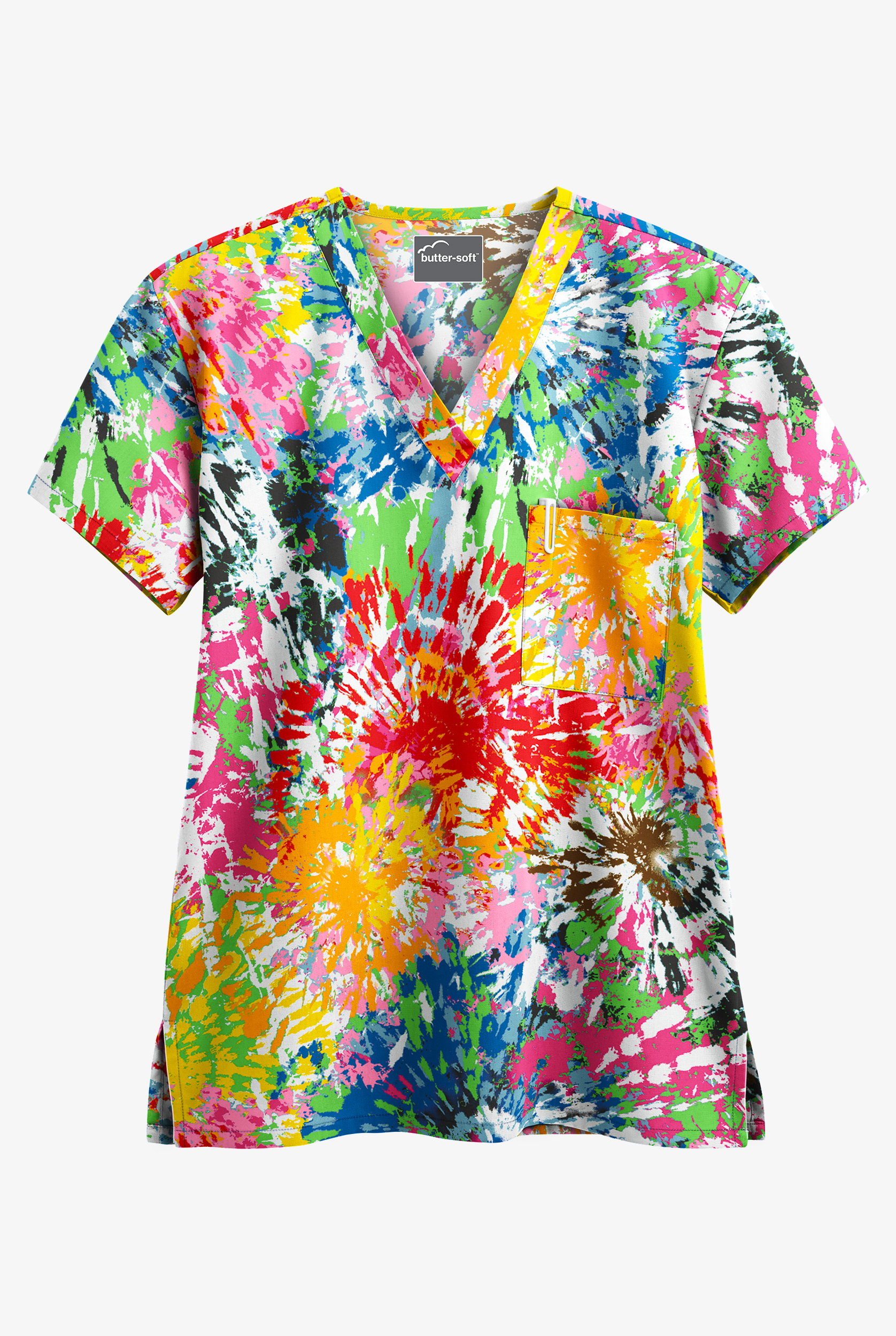 Blusa médica estampada unisex UA Butter-Soft Rainbow Tie-Dye White con cuello en V y 1 bolsillo
