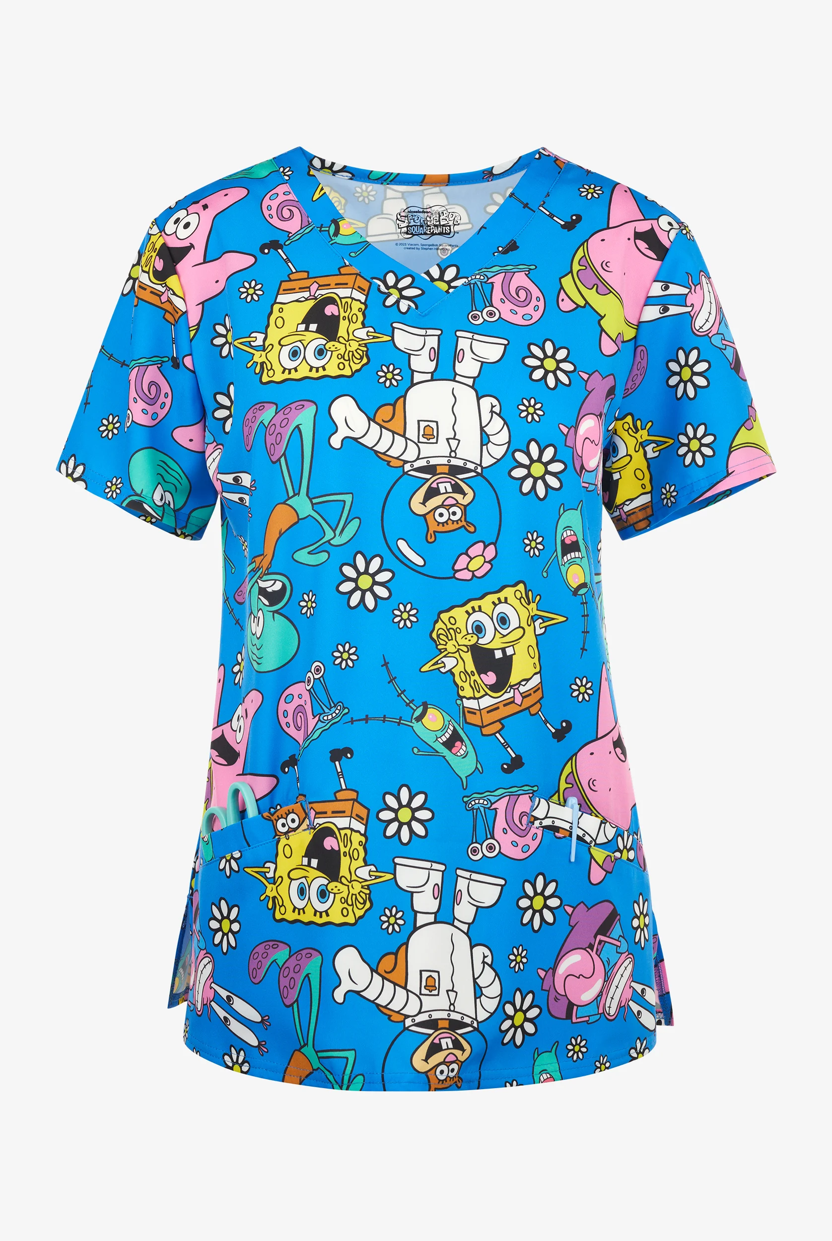 Blusa médica estampada Sponge Bob Character STRETCH con cuello en V y 2 bolsillos para mujer