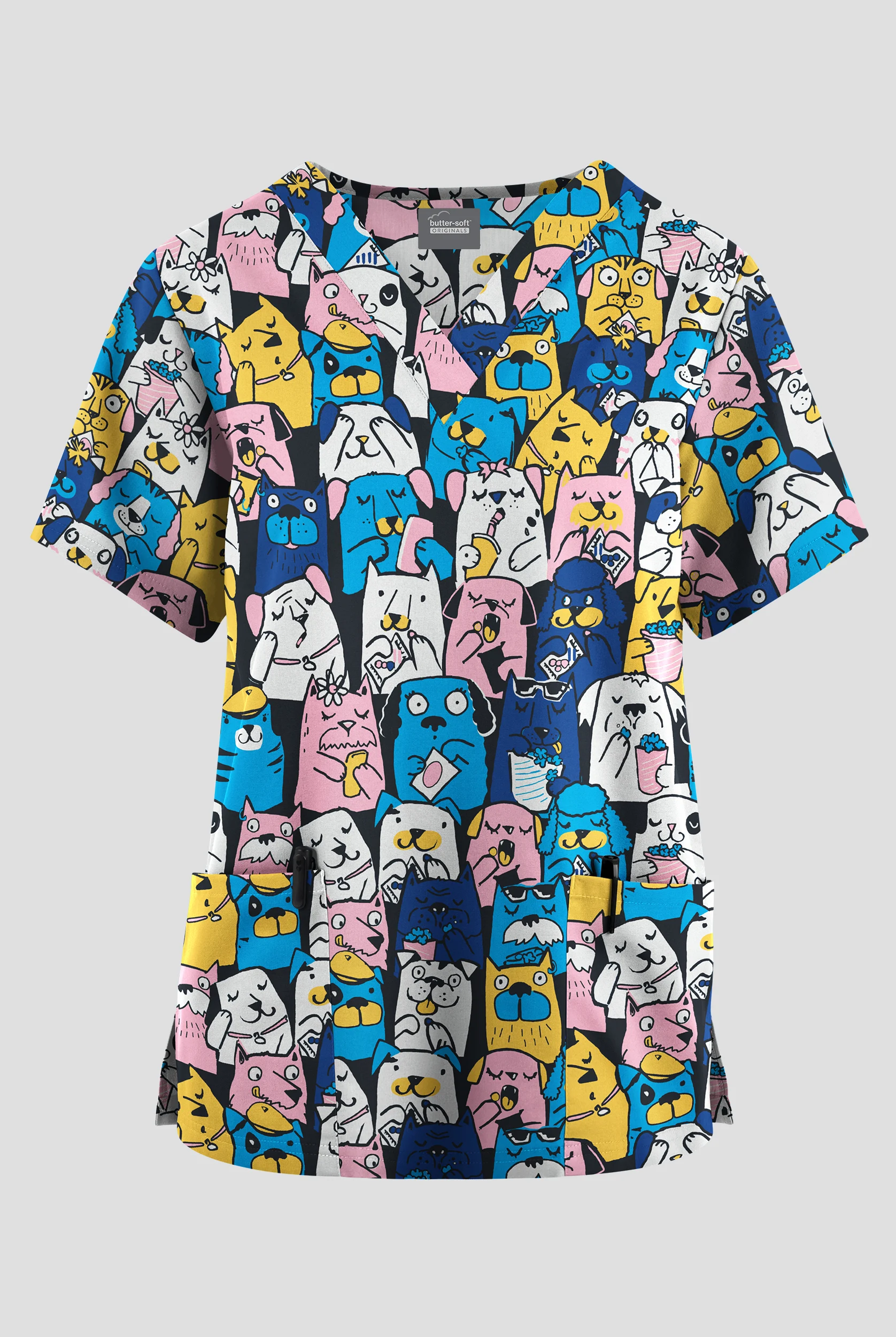 Butter-Soft Originals Happy Hounds Navy Women's 2-Pocket V-Neck Print Scrub Top