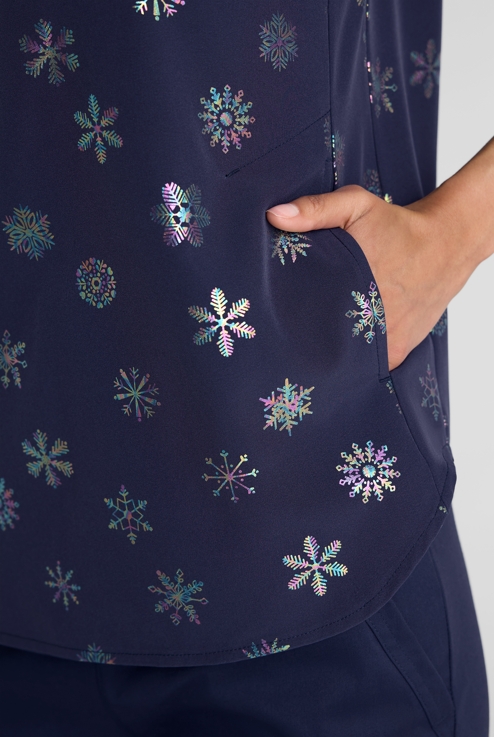 Butter-Soft STRETCH Shimmer Flurries Foil Women's 2-Pocket Oversized Dolman Sleeve Print Scrub Top