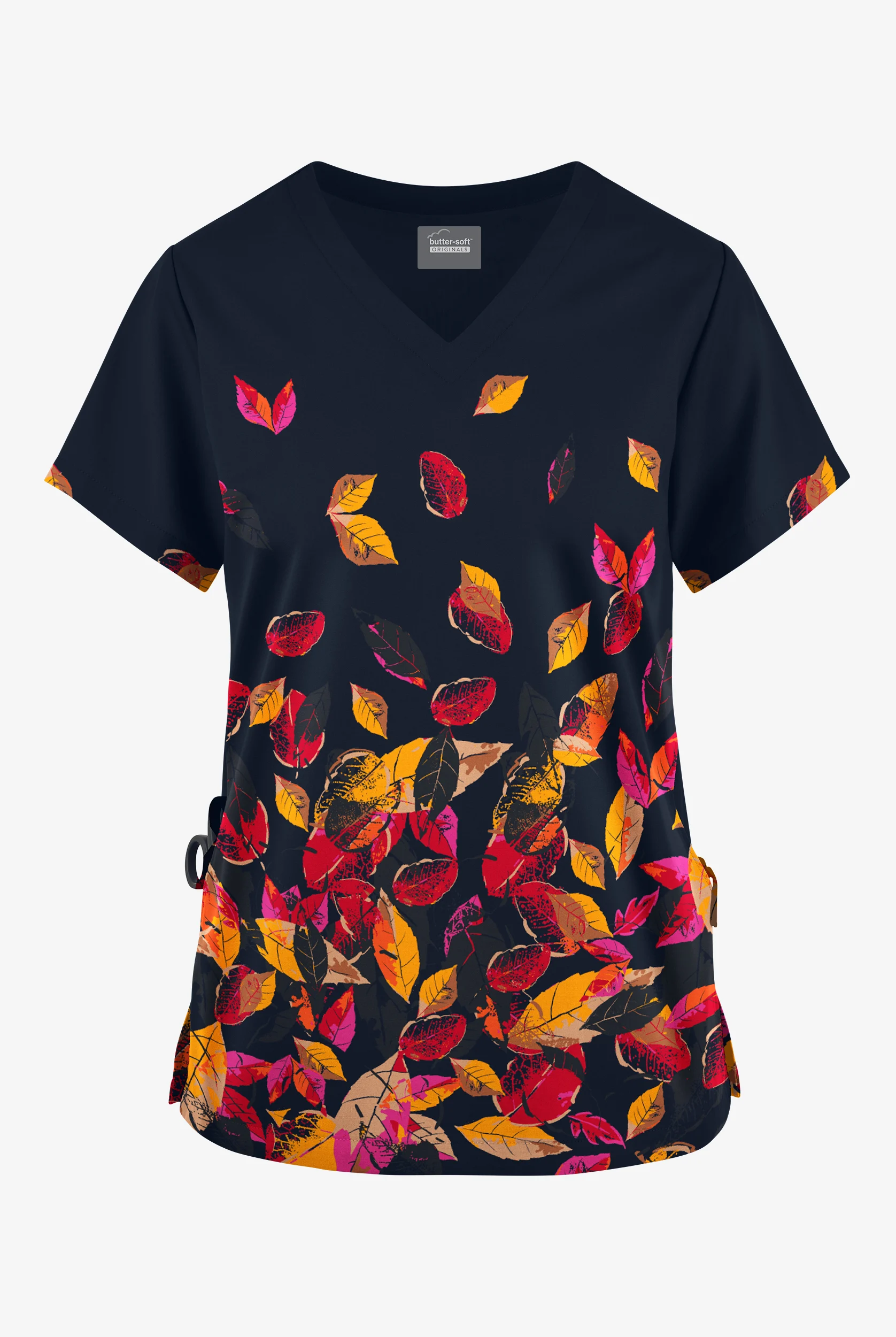 Blusa médica estampada Butter-soft Originals Autumn Border Navy con cuello en V y 2 bolsillos para mujer