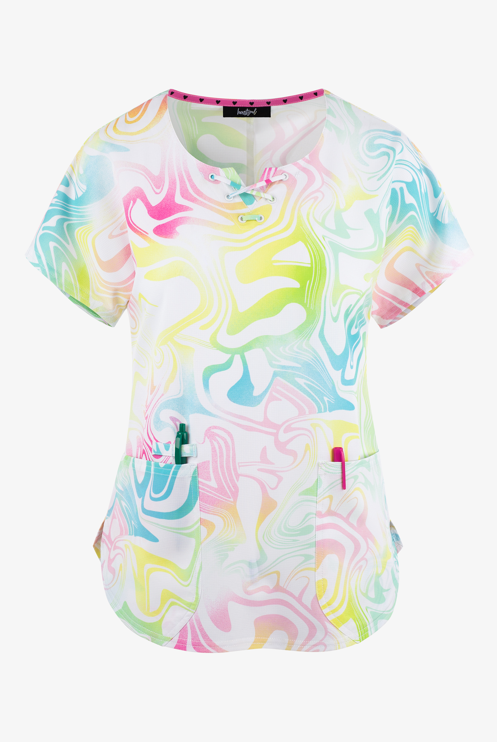 heartsoul Gimme A Swirl Marble Women's 2-Pocket STRETCH Lace Up V-Neck Print Scrub Top