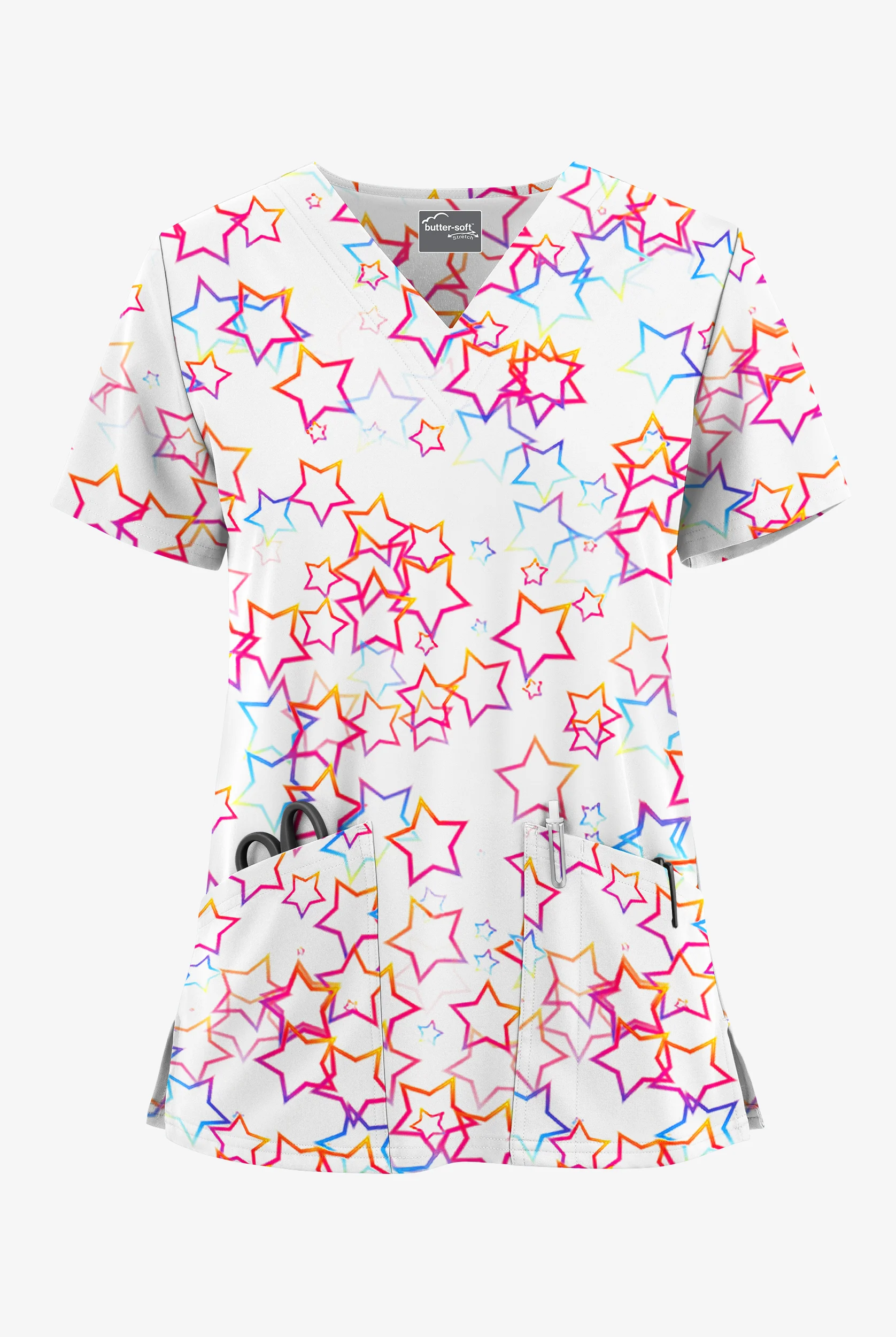 Blusa médica estampada UA Butter-Soft STRETCH Kaleidoscope Stars White con cuello en V y 2 bolsillos para mujer