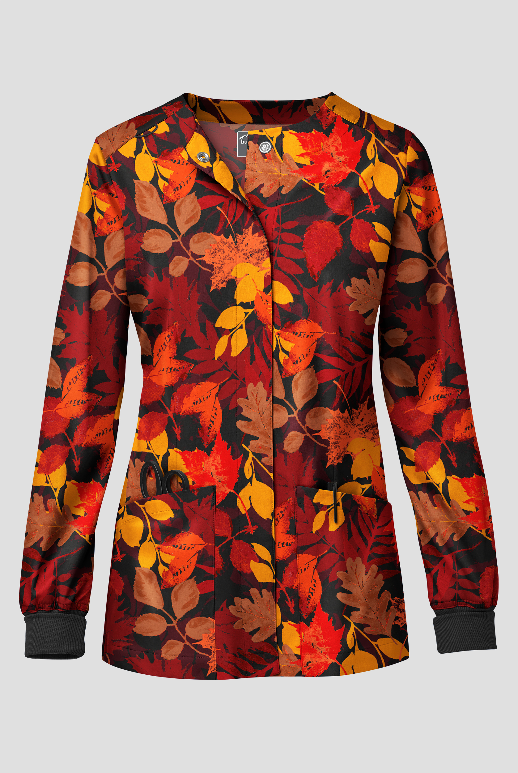 Chaqueta médica estampada Butter-soft STRETCH Rustling Leaves con botones a presión y 3 bolsillos para mujer