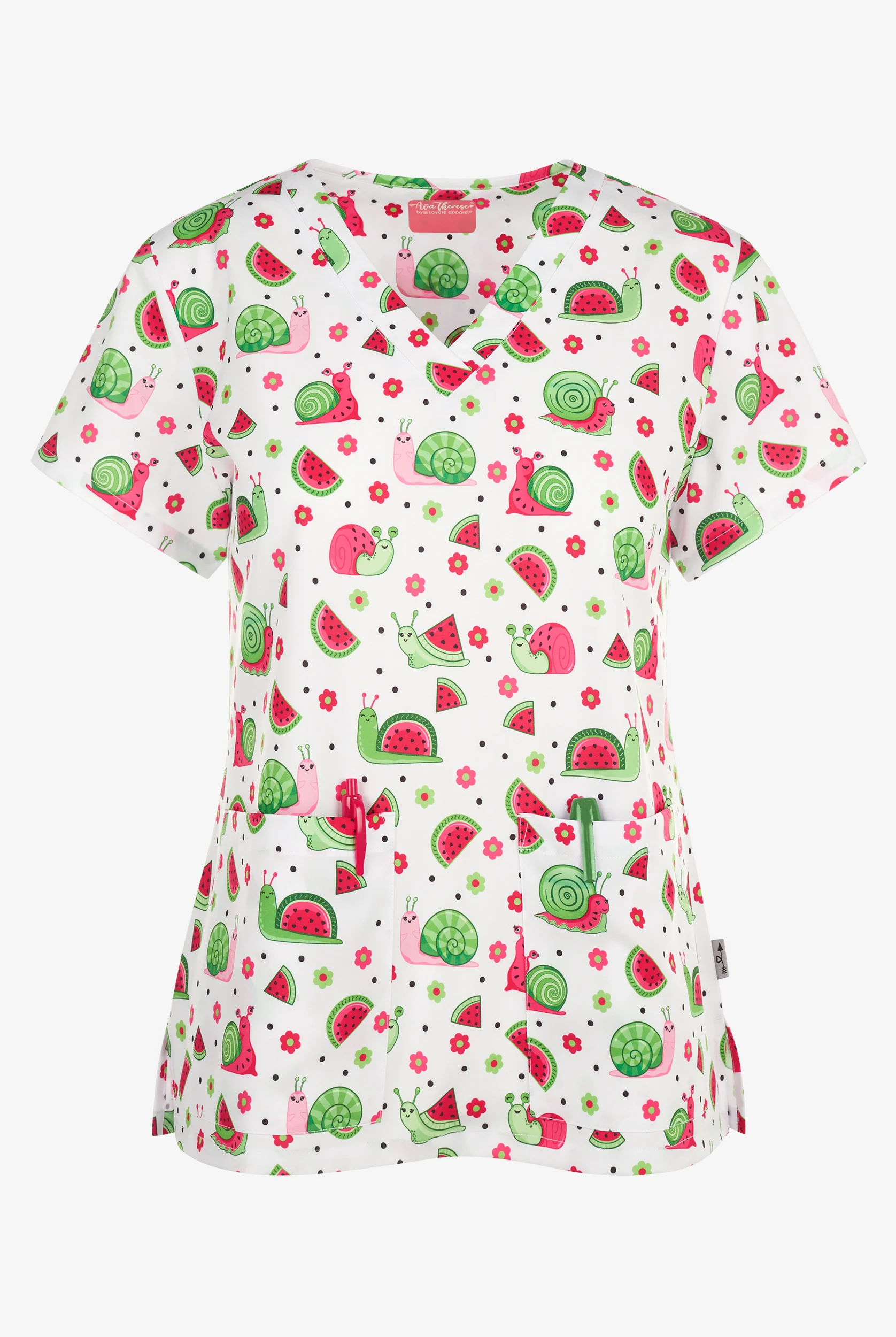 Zavate Ava Therese Snailmelons Women's 2-Pocket STRETCH V-Neck Print Scrub Top