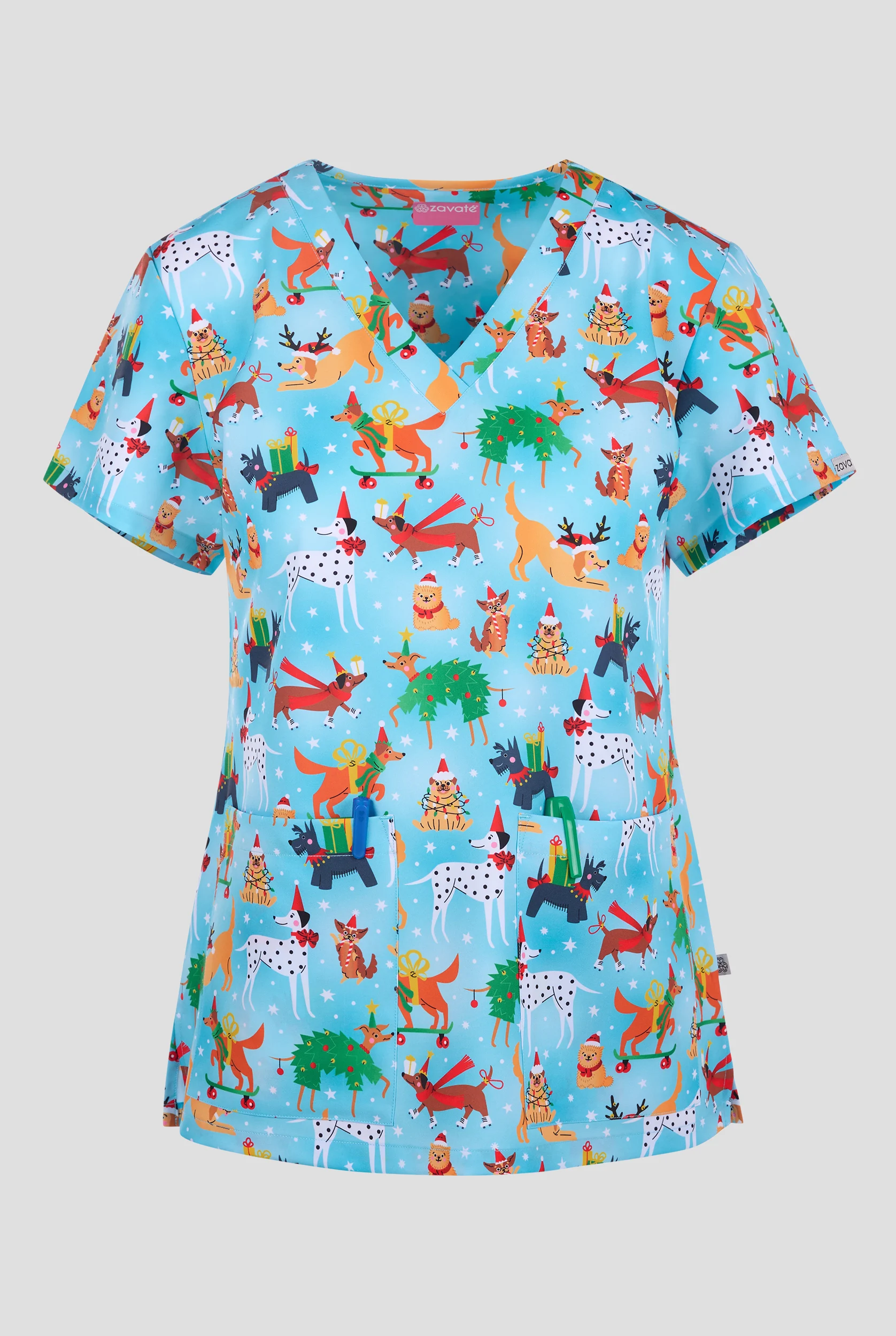 Zavate Ava Therese Holiday Hounds Women's 2-Pocket STRETCH V-Neck Print Scrub Top
