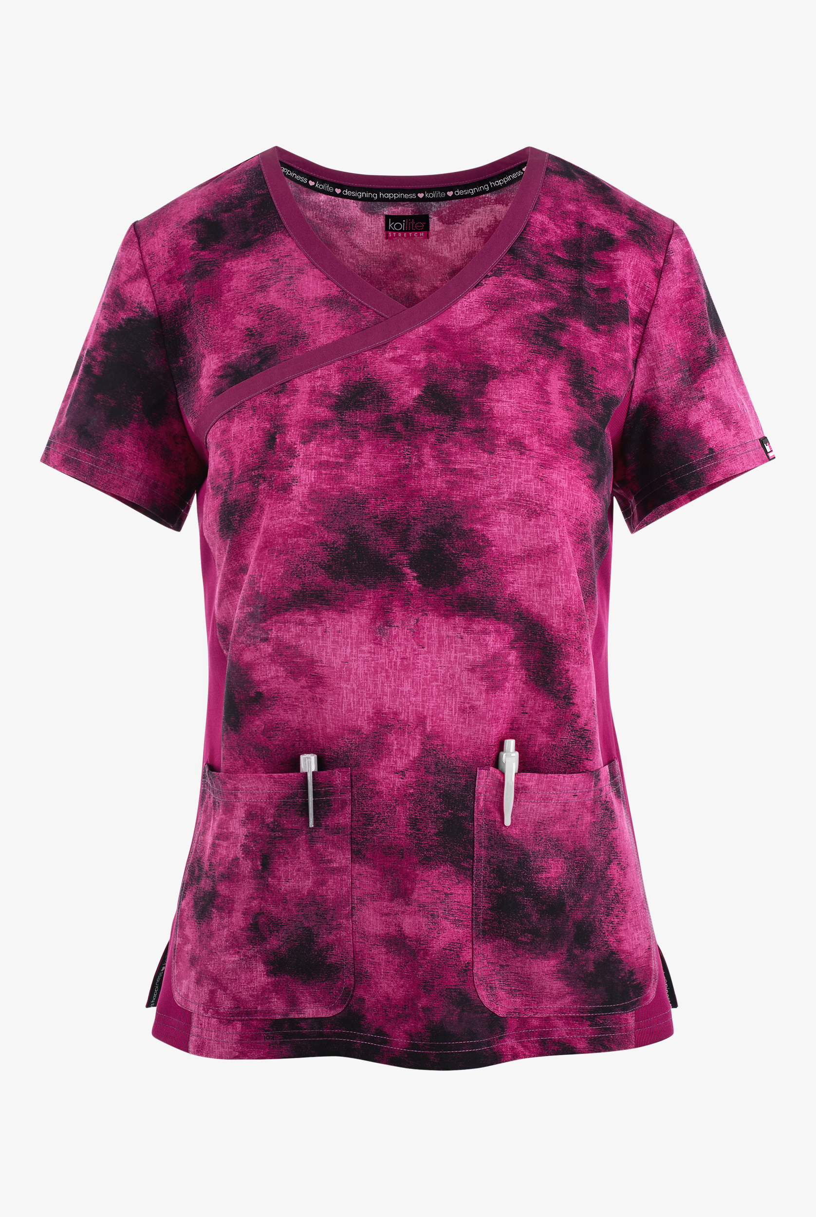 koi Lite Stretch Heather Raspberry Tie Dye Women's 2-Pocket Mock Wrap Print Scrub Top