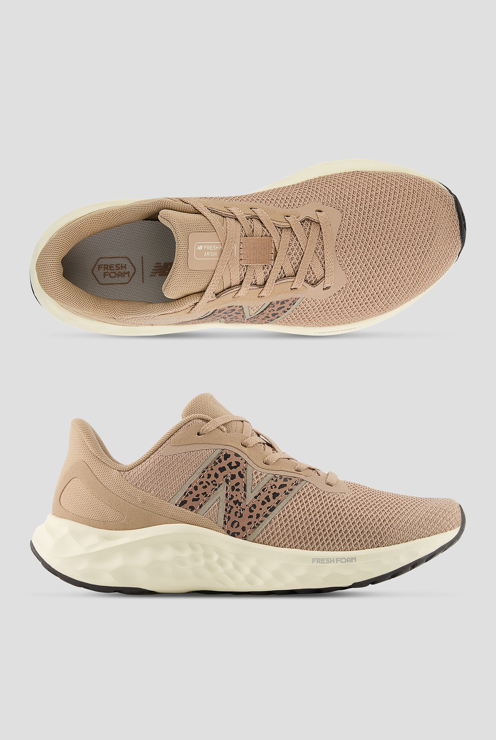 New Balance Women's Arishi Flat Taupe/Leopard Athletic Lace Up Shoes