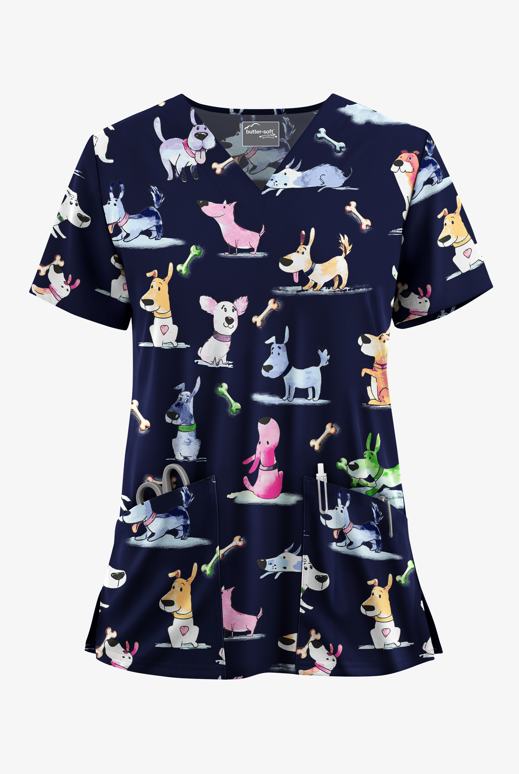 Butter-Soft STRETCH Happy Tails Navy Women's 2-Pocket V-Neck Print Scrub Top