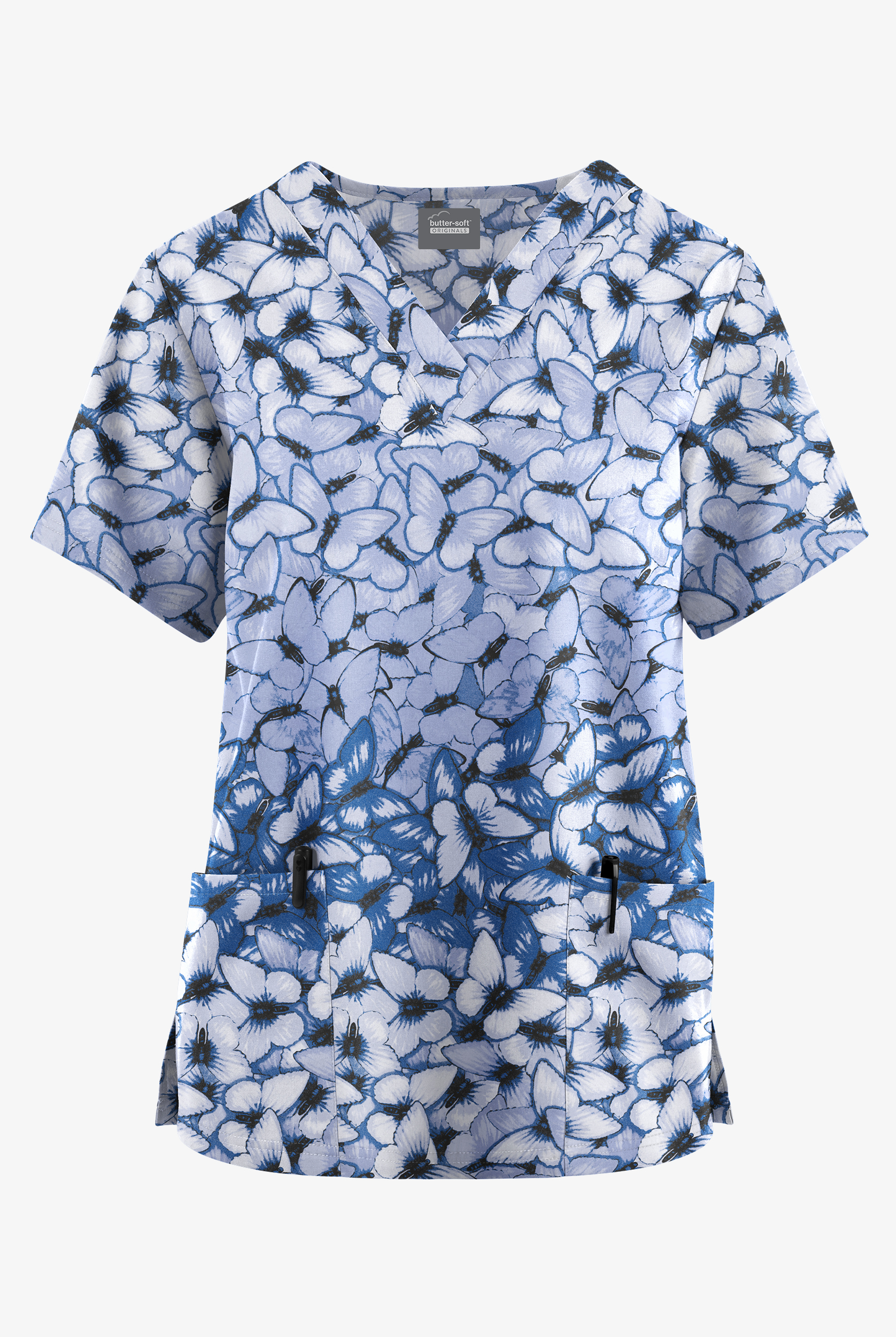 Butter-Soft Originals Garden Butterflies Ceil Women's 2-Pocket Classic Fit V-Neck Print Scrub Top
