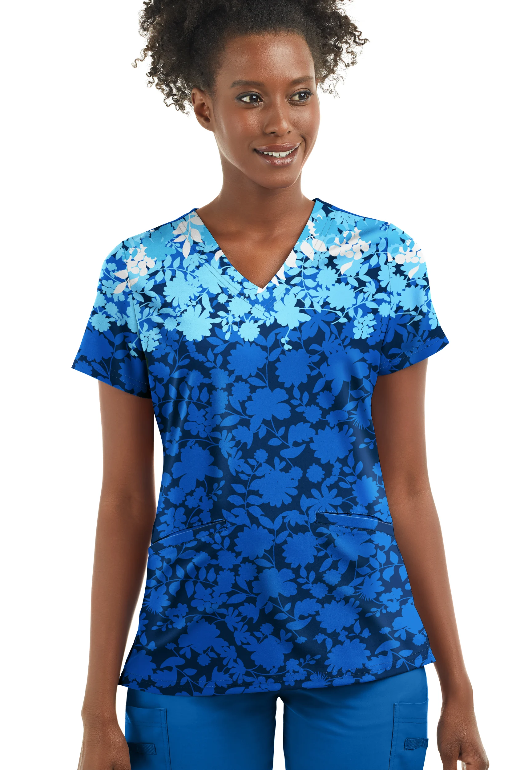 Strictly Scrubs STRETCH Floral Shadows Royal Women's 2-Pocket V-Neck Print Scrub Top