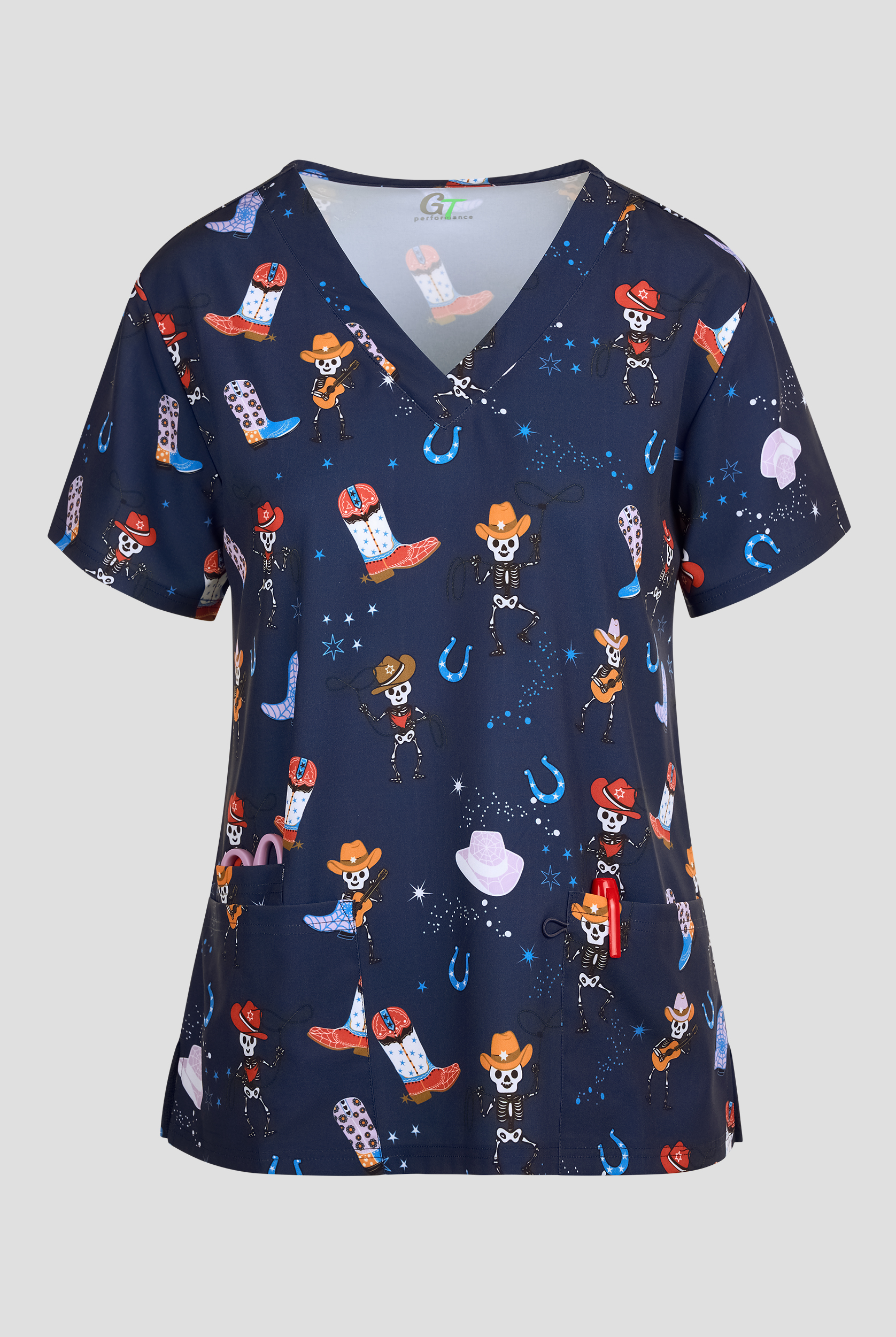 Blusa médica estampada Green Town Western Ween STRETCH con cuello en V y 3 bolsillos para mujer