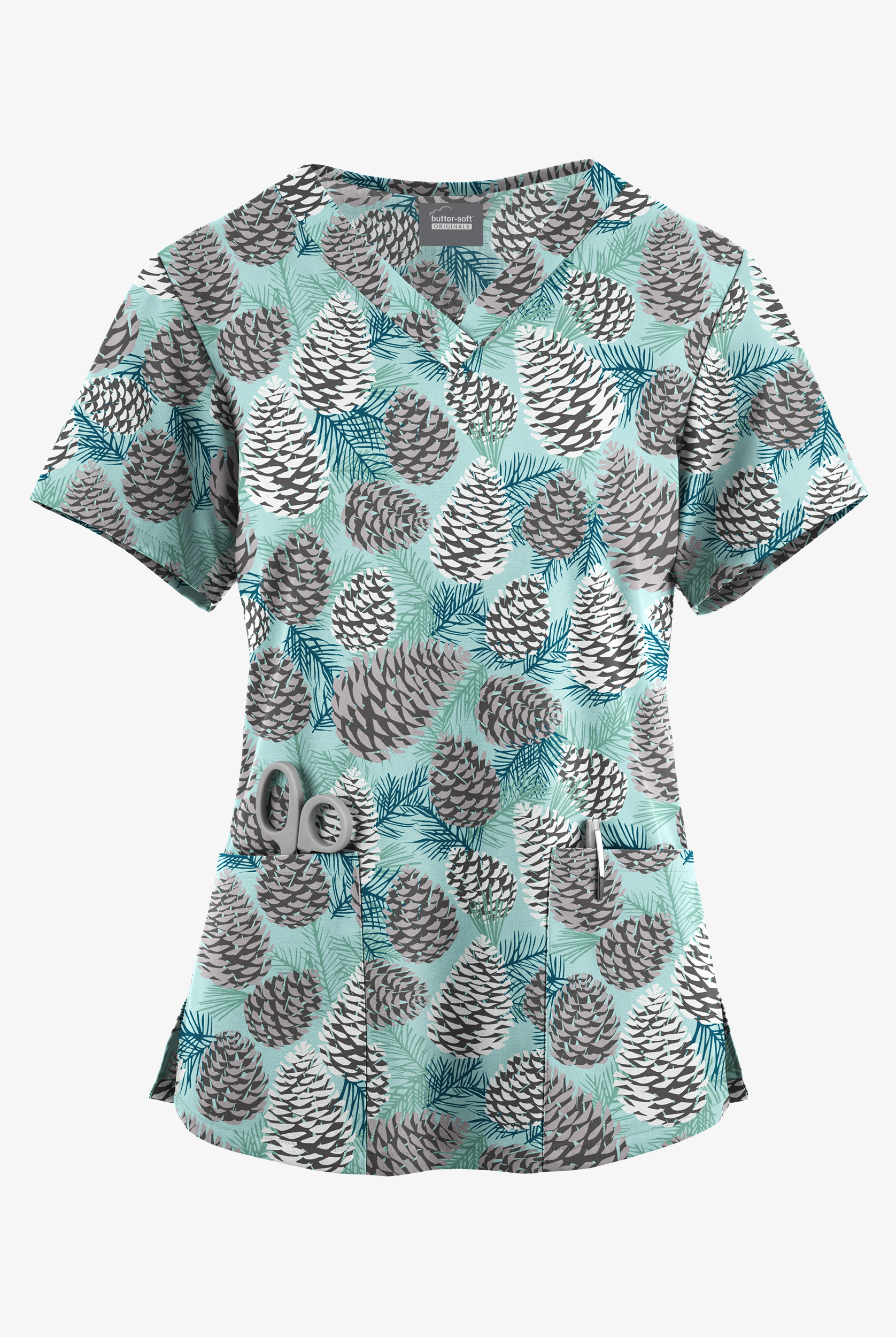 Butter-Soft Originals Winter Pine Cones Sea Frost Women's 4-Pocket Rounded V-Neck Print Scrub Top