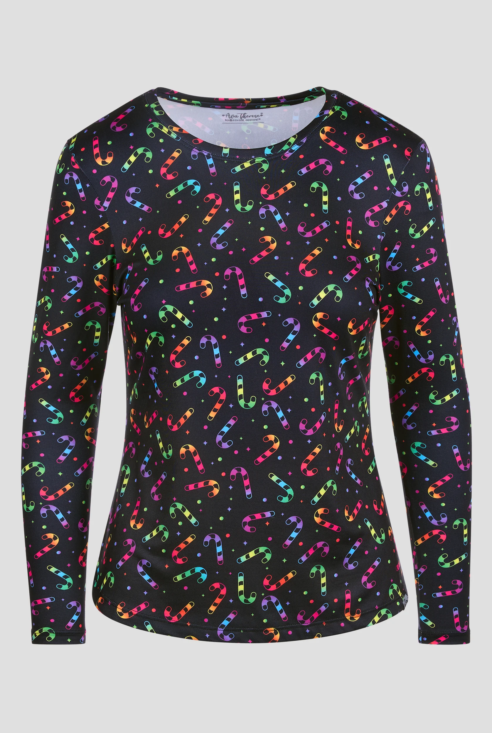 Zavate Ava Therese Bright Candy Cane Twist Foil Women's STRETCH Long Sleeve Knit Underscrub