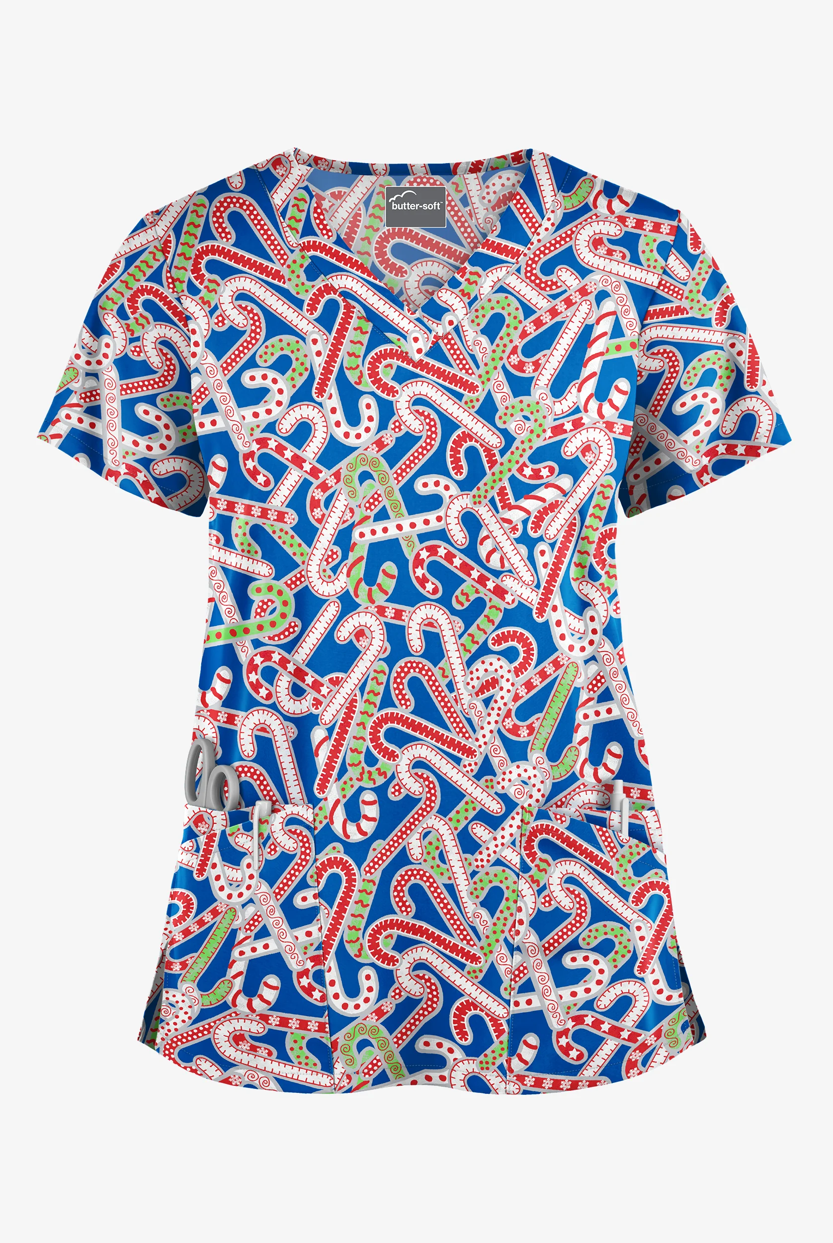 Butter-Soft Noel Candy Canes Royal Women's 4-Pocket Rounded V-Neck Print Scrub Top