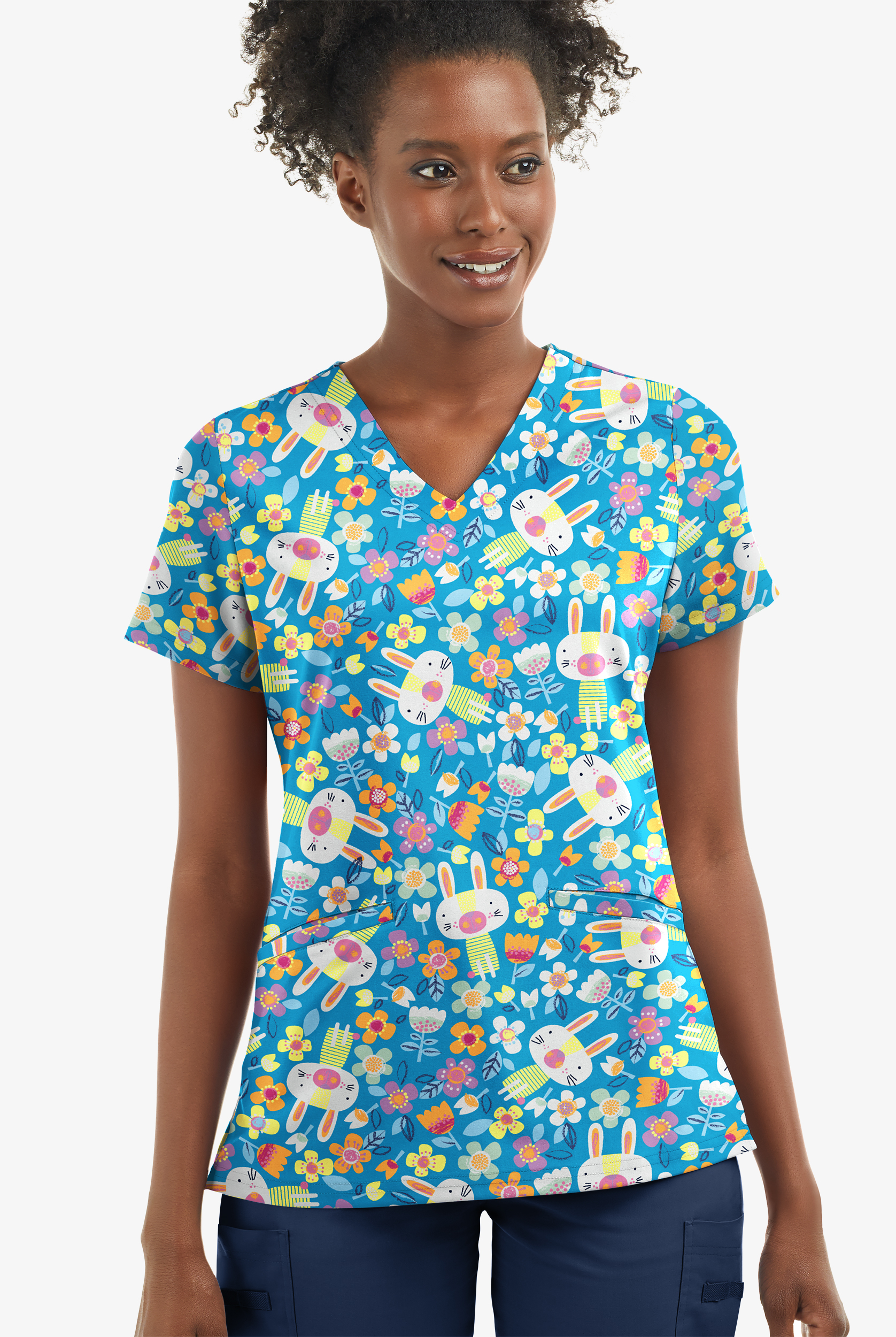 Butter-Soft STRETCH Easter Fun Turquoise Women's 2-Angled Welt Pocket V-Neck Print Scrub Top