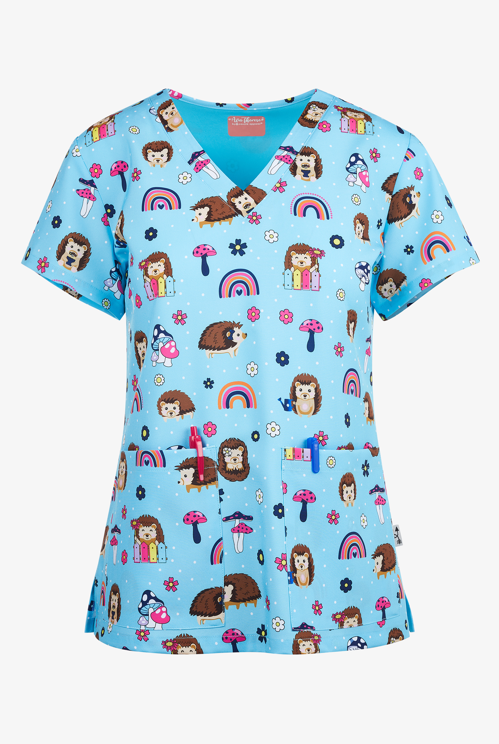 Zavate Ava Therese Happy Hedgehogs Women's 2-Pocket STRETCH V-Neck Print Scrub Top