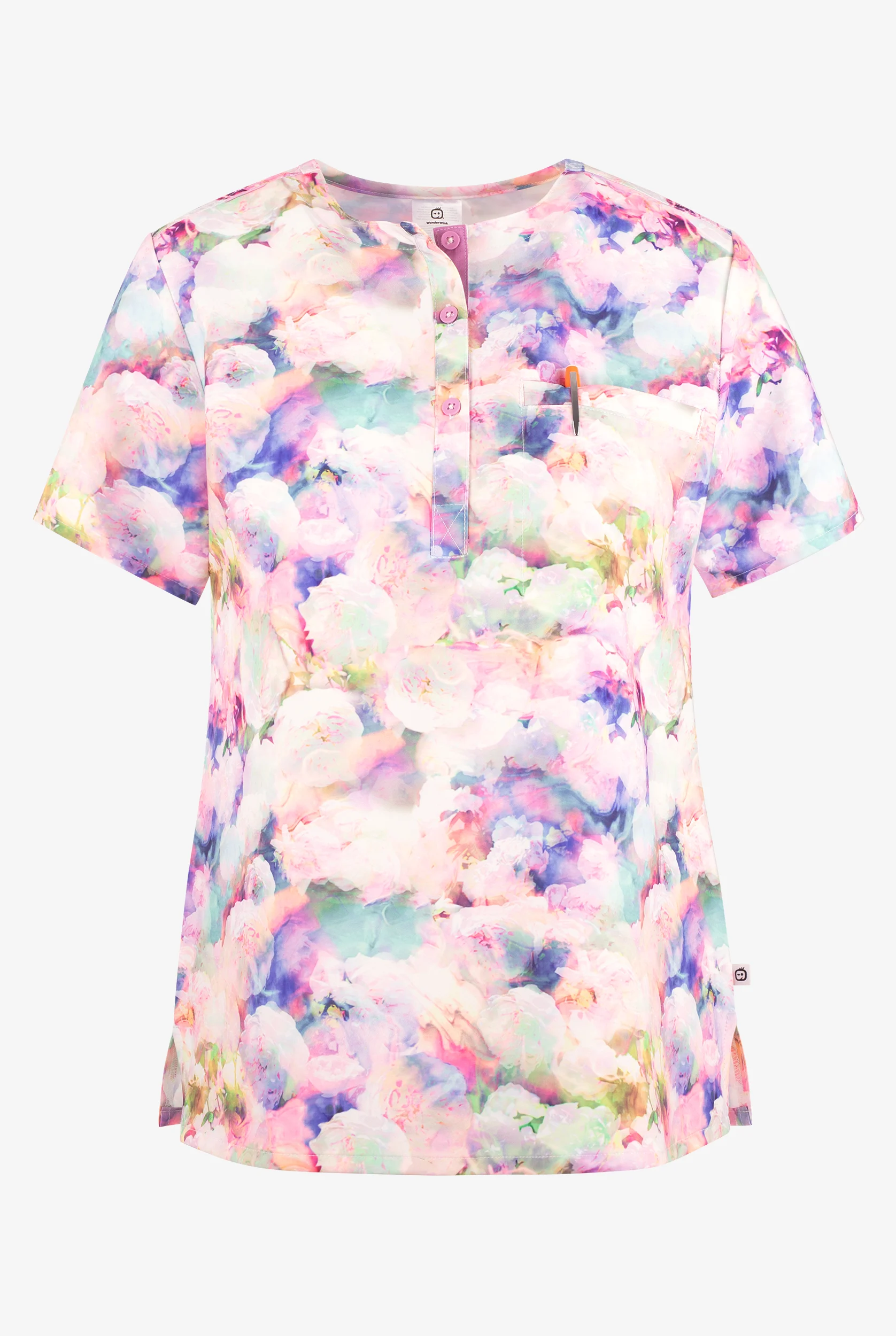 Wink Marble Blossom Floral Women's 1-Pocket STRETCH Round Neck Print Scrub Top