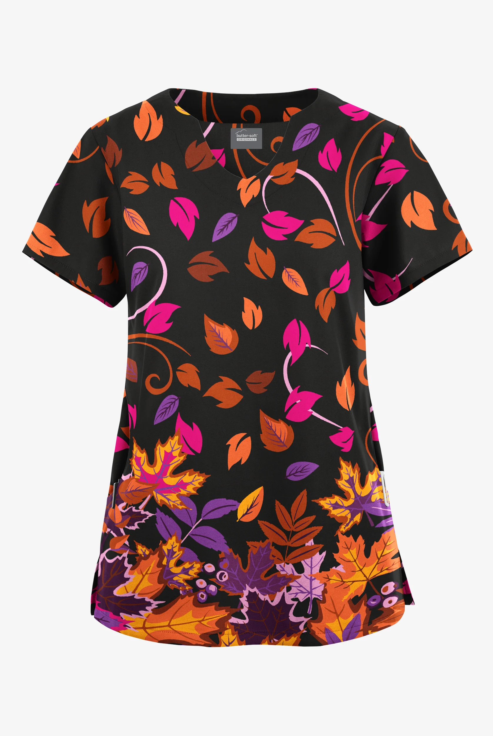 Butter-Soft Originals Autumn Walk Black Print  Women's 2-Pocket Scallop Neck Print Scrub Top