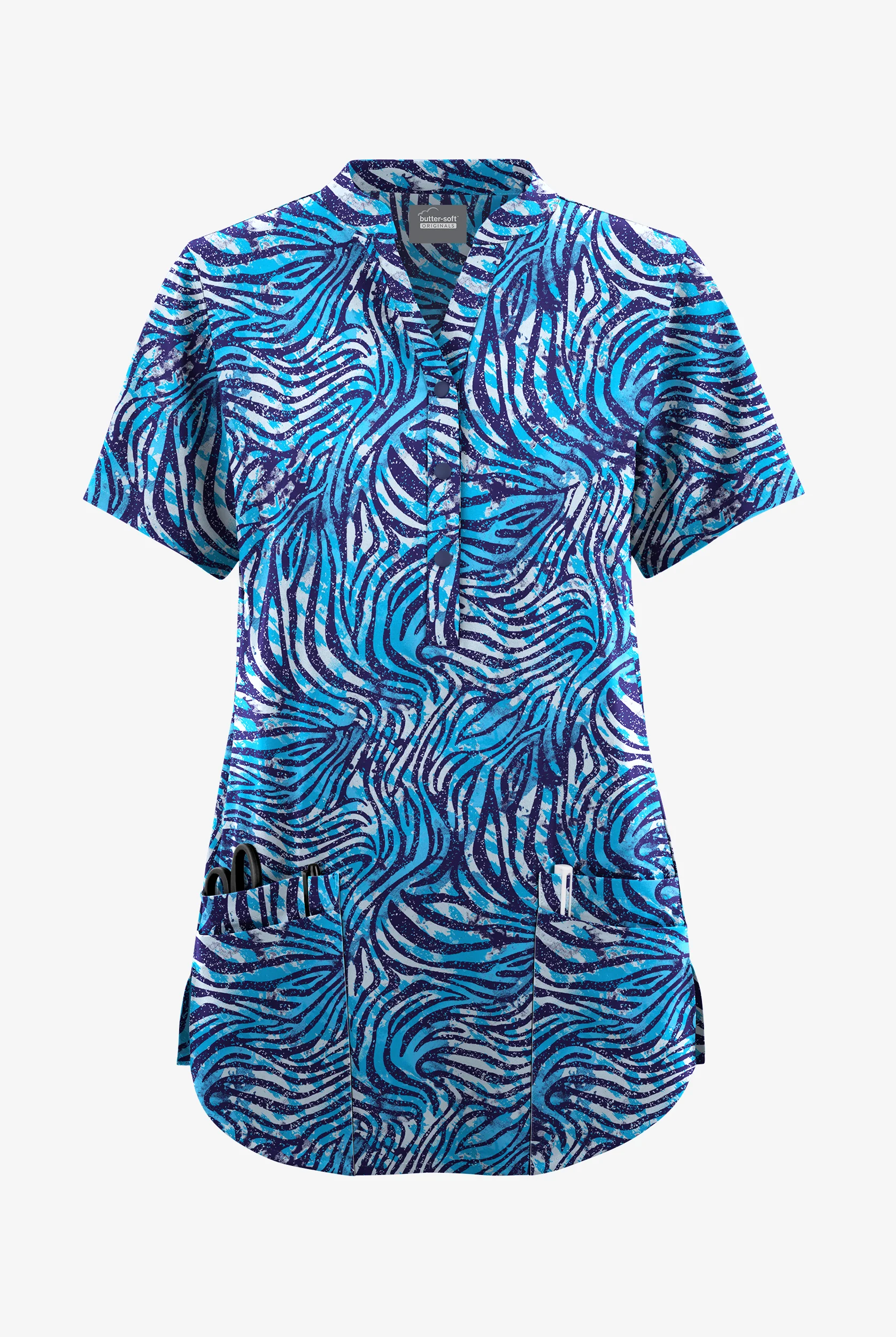 Butter-Soft Originals Abstract Zebra Turquoise Women's 6-Pocket Mandarin Collar Print Scrub Top