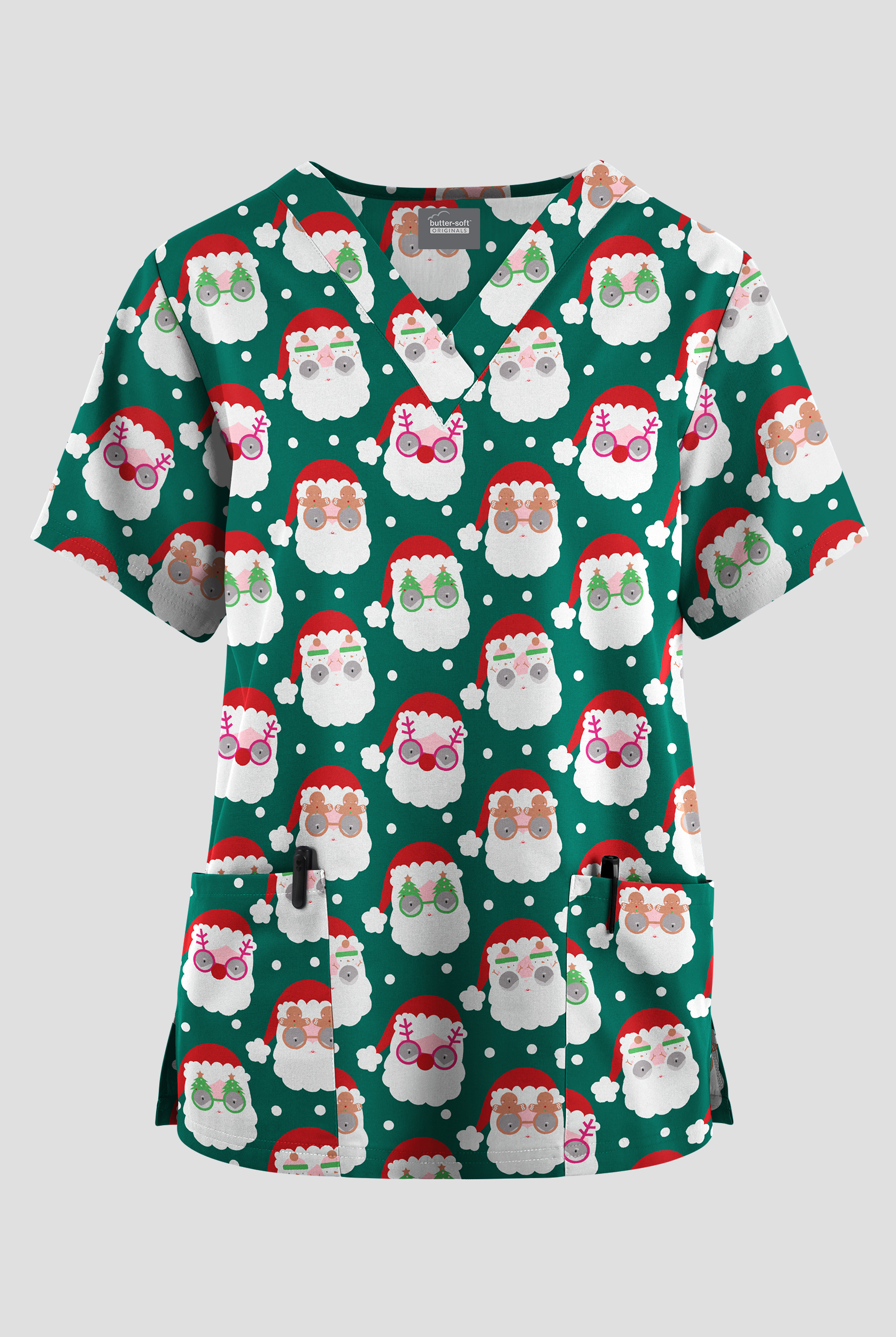 Butter-Soft Originals Cool Claus Hunter Women's 2-Pocket V-Neck Print Scrub Top