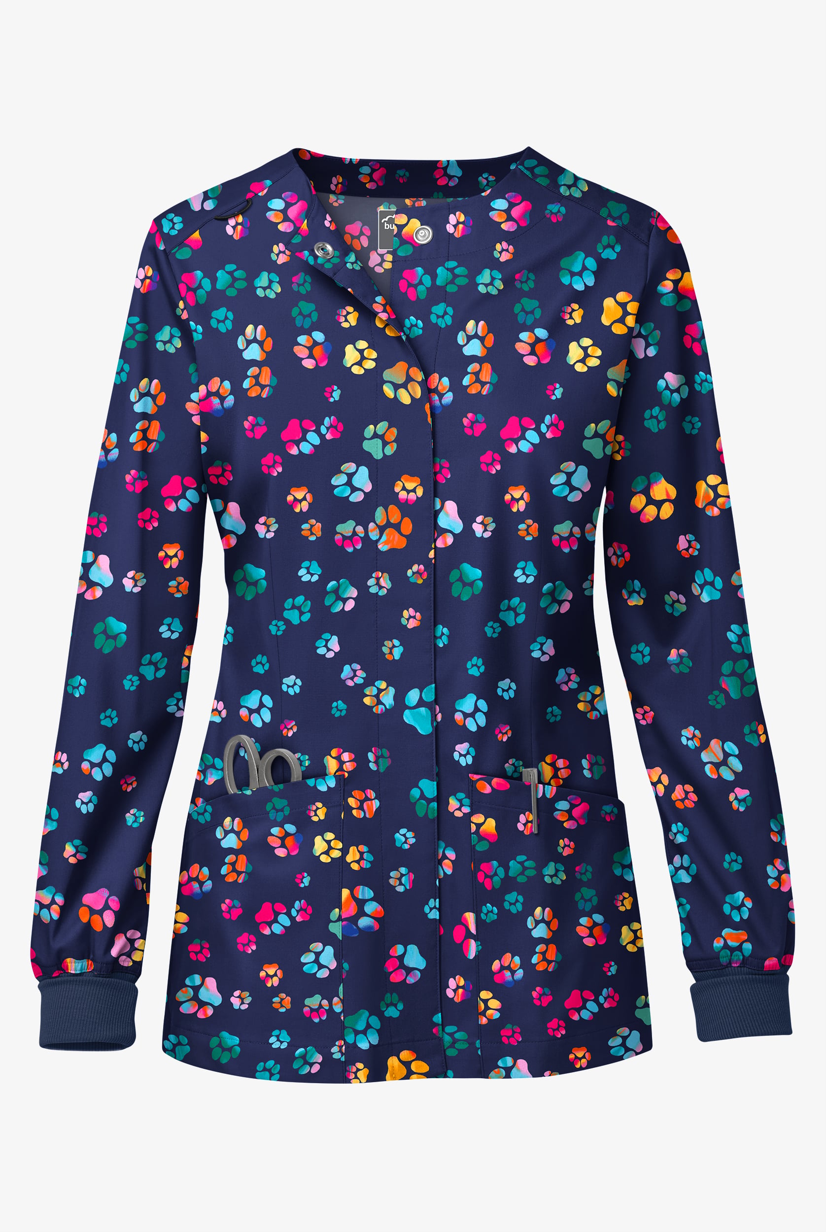 Butter-Soft STRETCH Happy Paws Navy Women's Long Sleeve Snap Front Print Scrub Jacket
