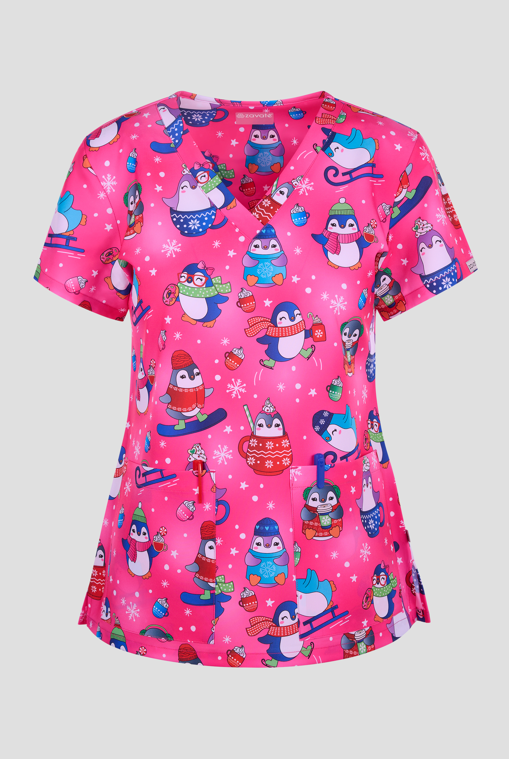 Blusa médica estampada Zavate Ava Therese Penguin Palooza STRETCH con cuello en V y 2 bolsillos para mujer