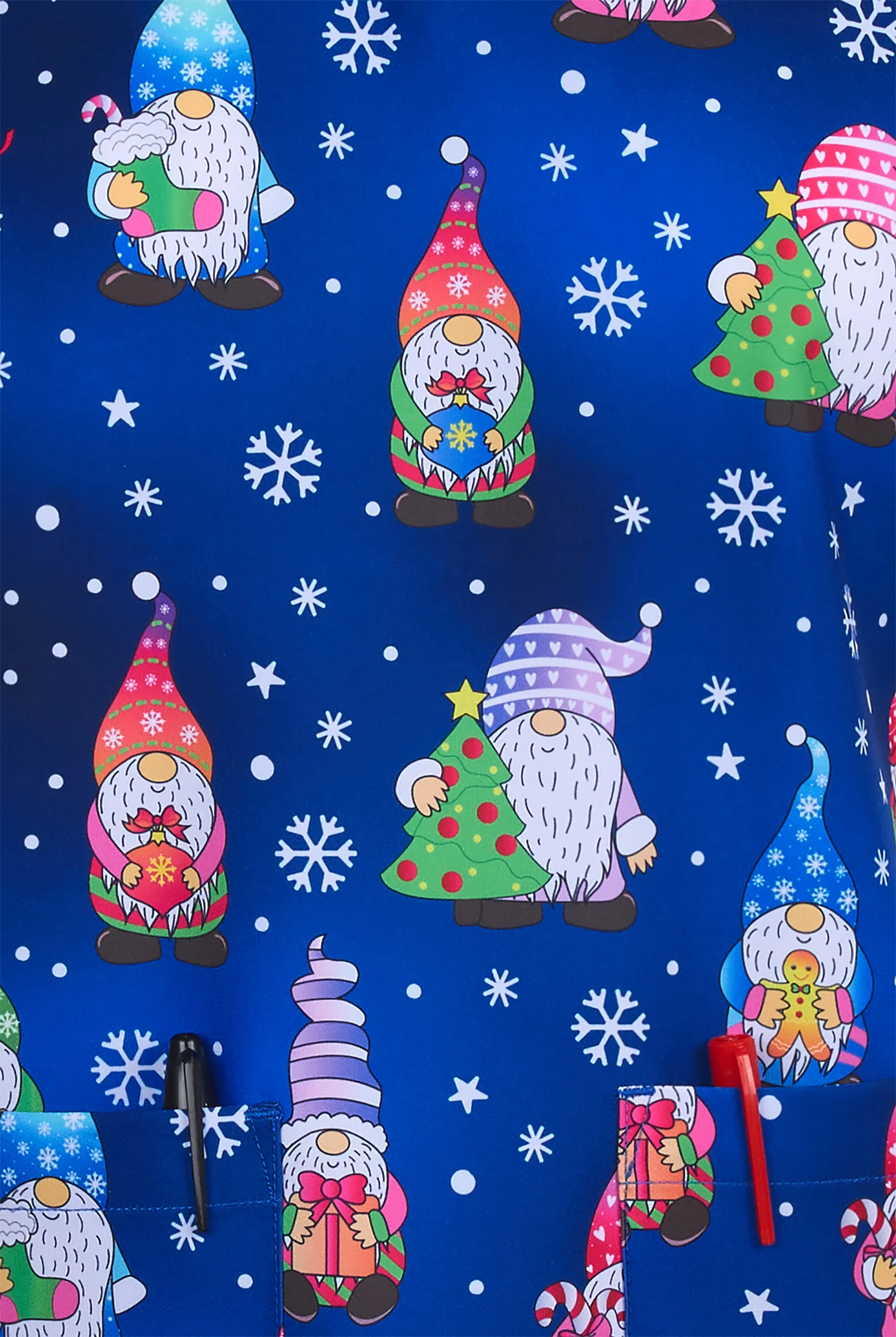 Zavate Ava Therese Holiday Gnomes Women's 2-Pocket STRETCH V-Neck Print Scrub Top