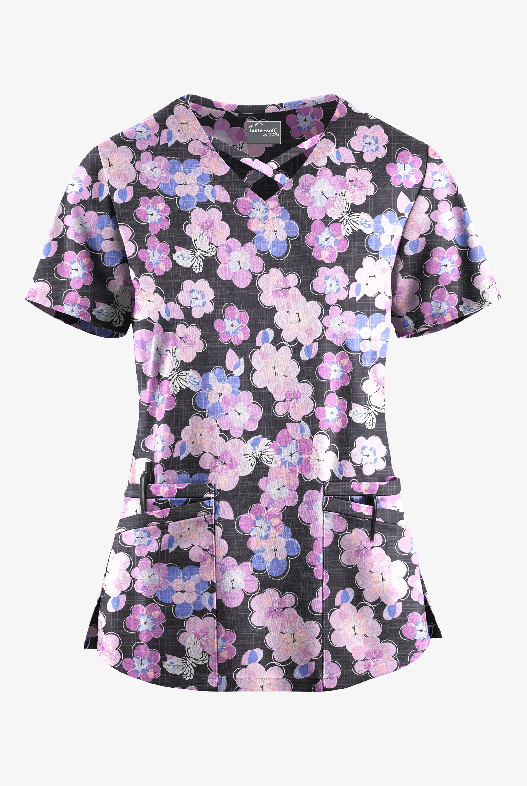 Butter-Soft STRETCH Blooms And Butterflies Pewter Women's 4-Pocket Crisscross Print Scrub Top