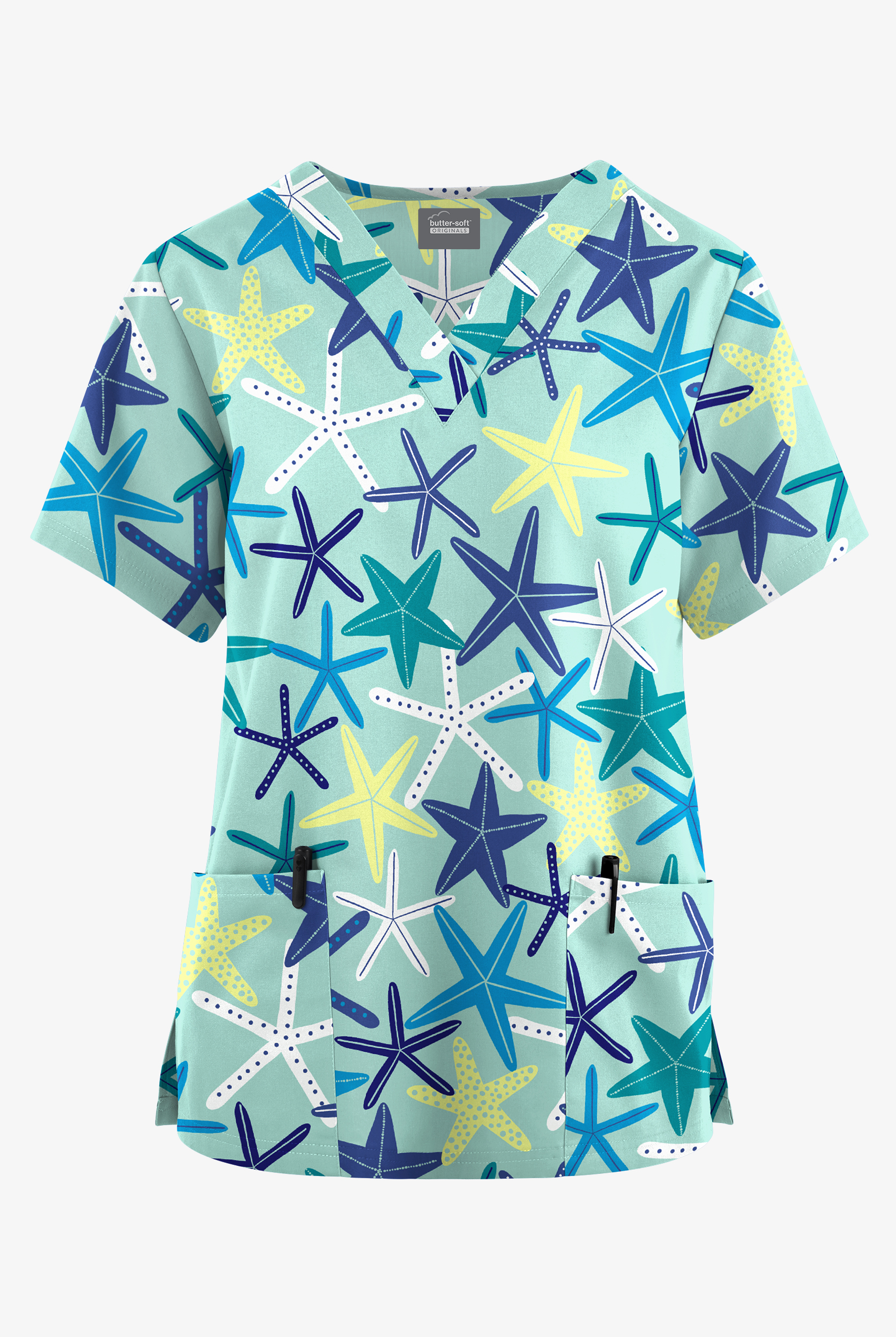 Butter-Soft Originals Lucky Star Salt Blue Women's 2-Pocket V-Neck Print Scrub Top