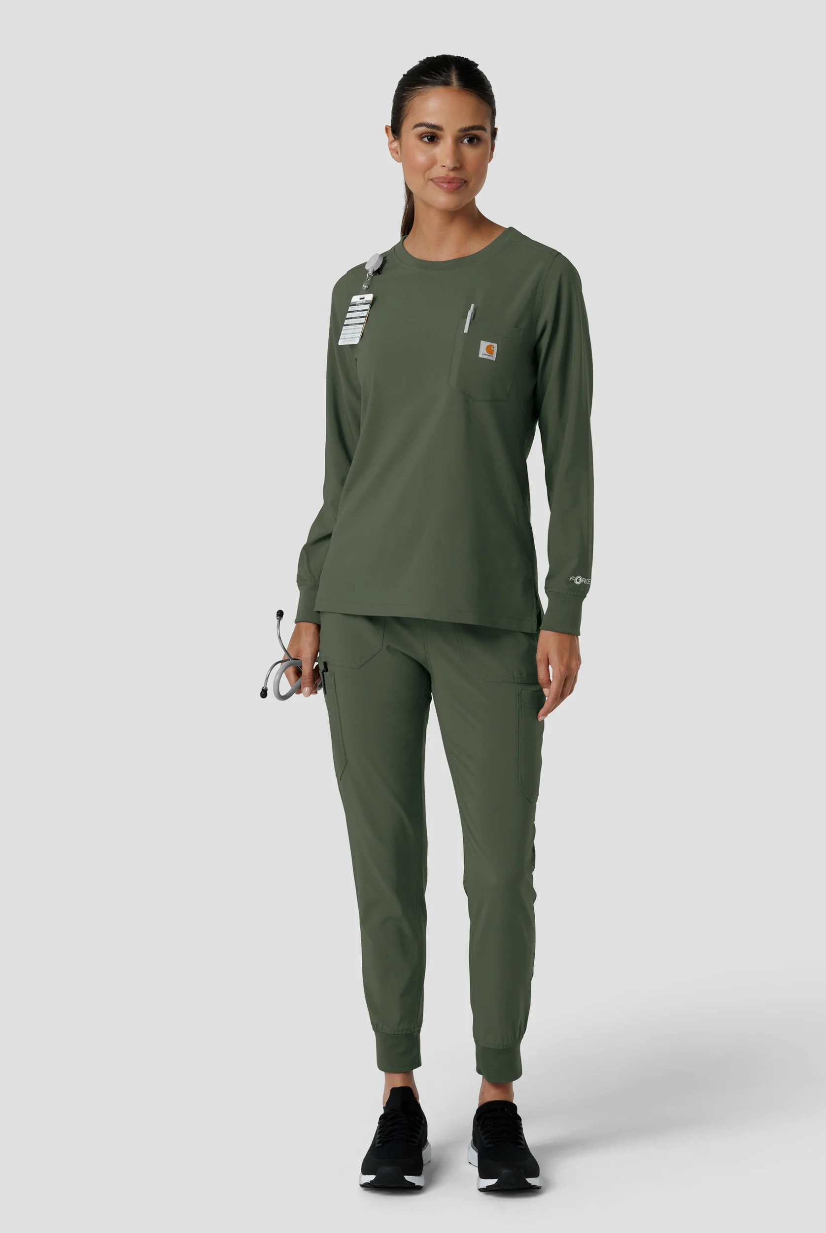 Carhartt Cross-Flex Force Women's 1-Pocket STRETCH Knit Trim Long Sleeve Crew Neck Scrub Top