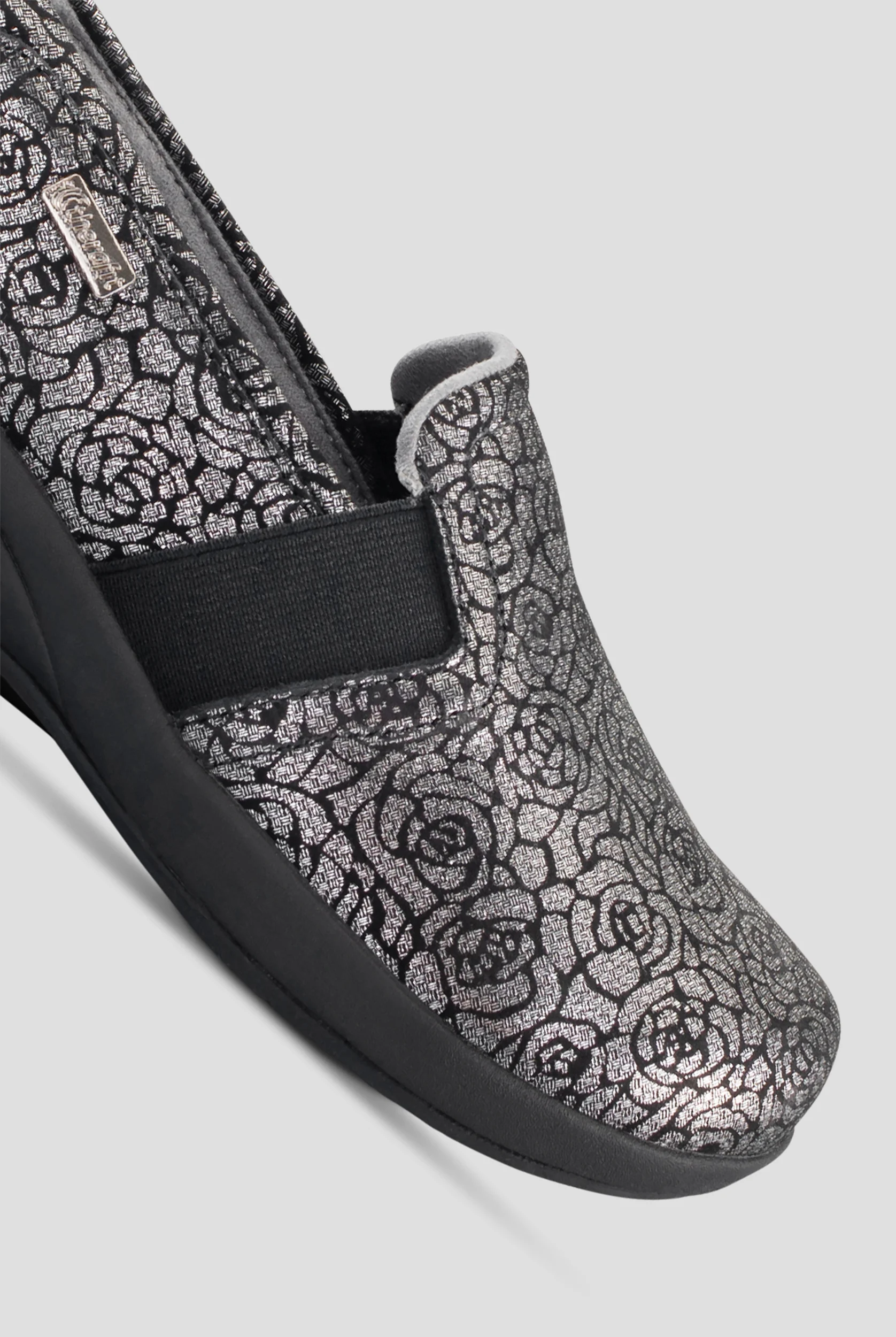 Therafit Women's Annie Pewter Floral Leather Slip Resistant Slip On Shoe