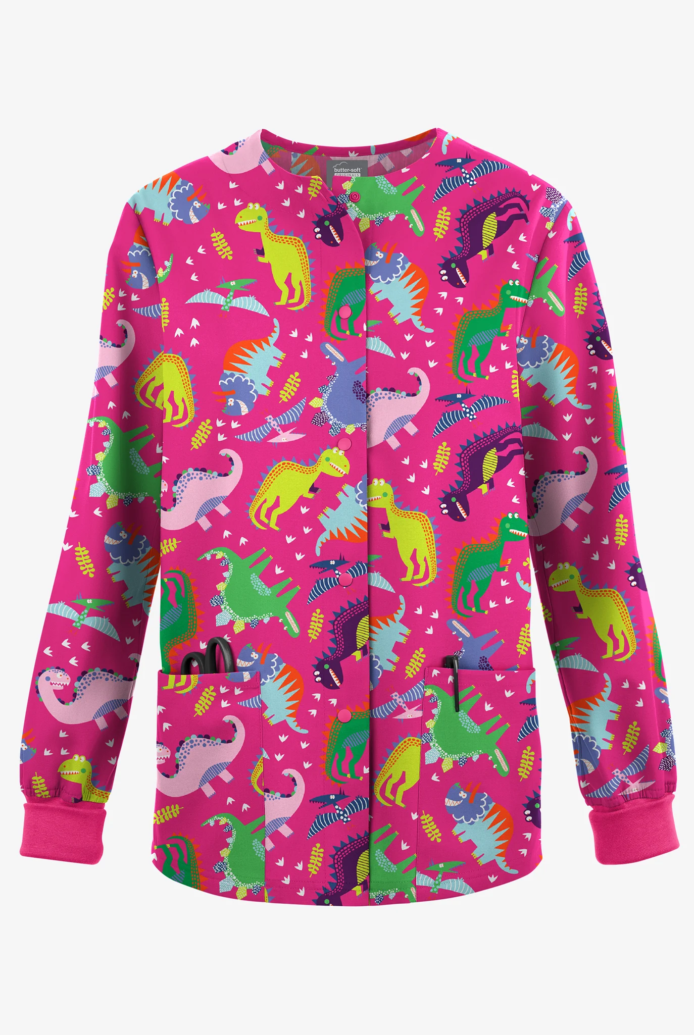 Butter-Soft Originals Colorful Dinos Women's Warm Up Print Scrub Jacket