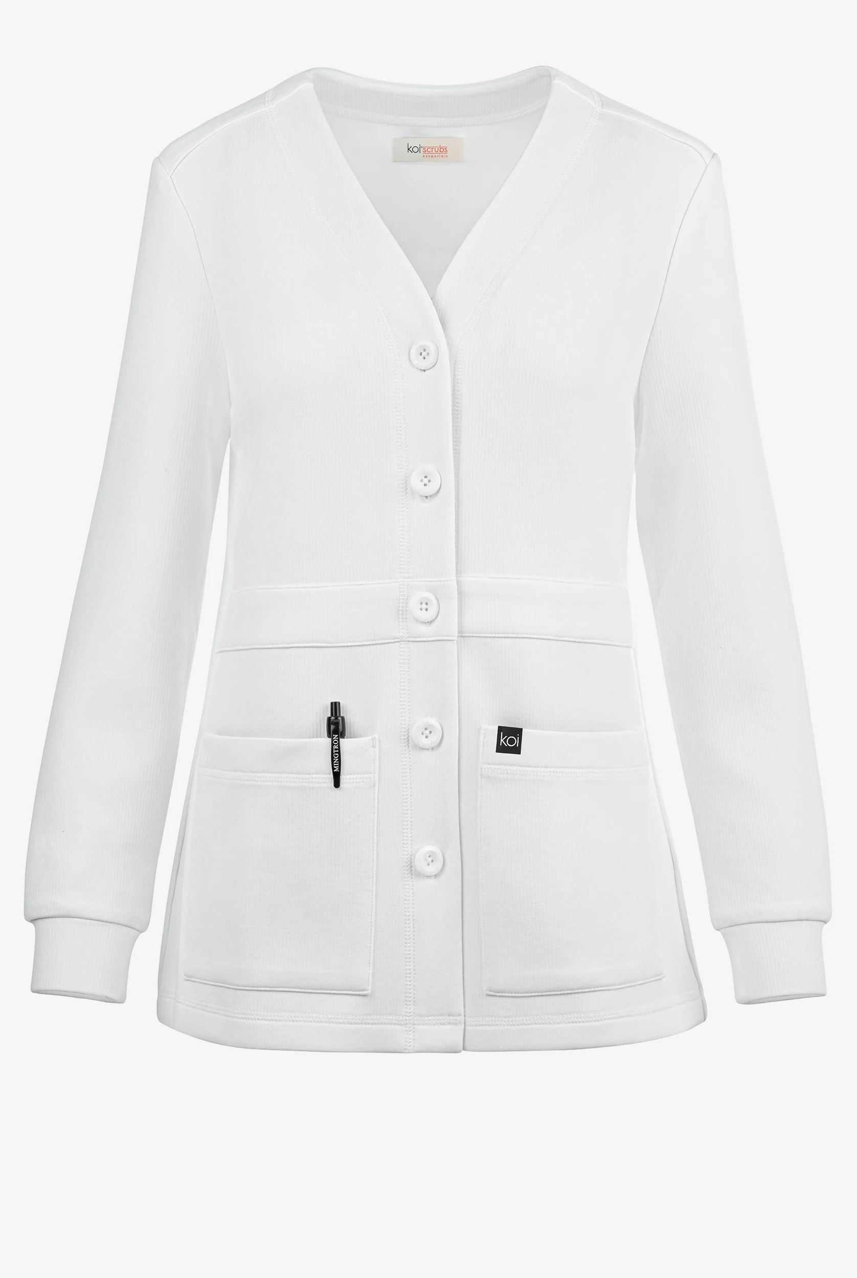 koi Essentials Clarrisa Women's 2-Pocket STRETCH Button Front V-Neck Scrub Cardigan