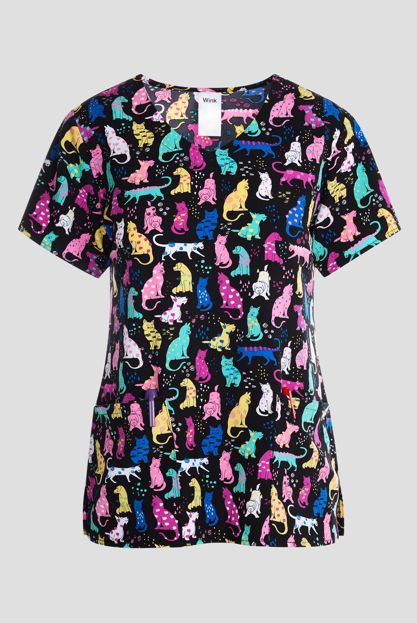 Wink Darling Dots Cats Women's 2-Pocket STRETCH V-Neck Print Scrub Top