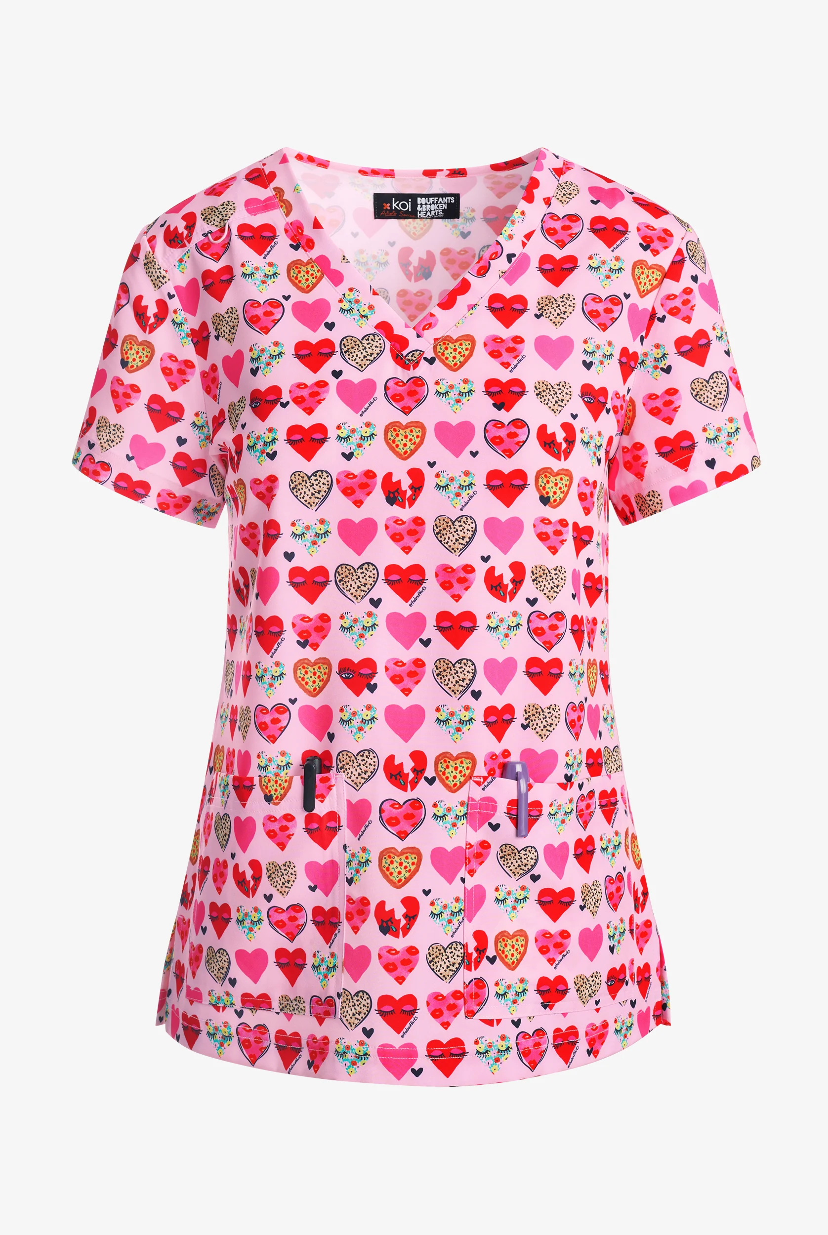koi Next Gen Wink Love Hearts Women's 2-Pocket STRETCH V-Neck Print Scrub Top