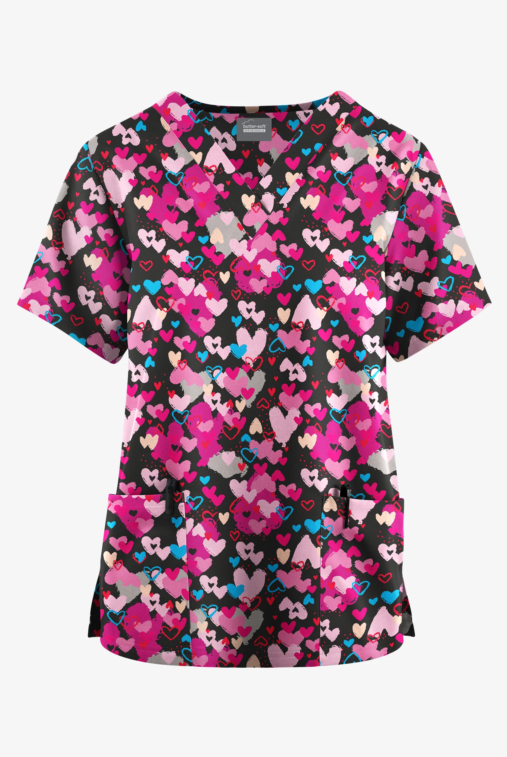 Butter-Soft Originals Love Love Love Women's 2-Pocket Classic Fit V-Neck Print Scrub Top