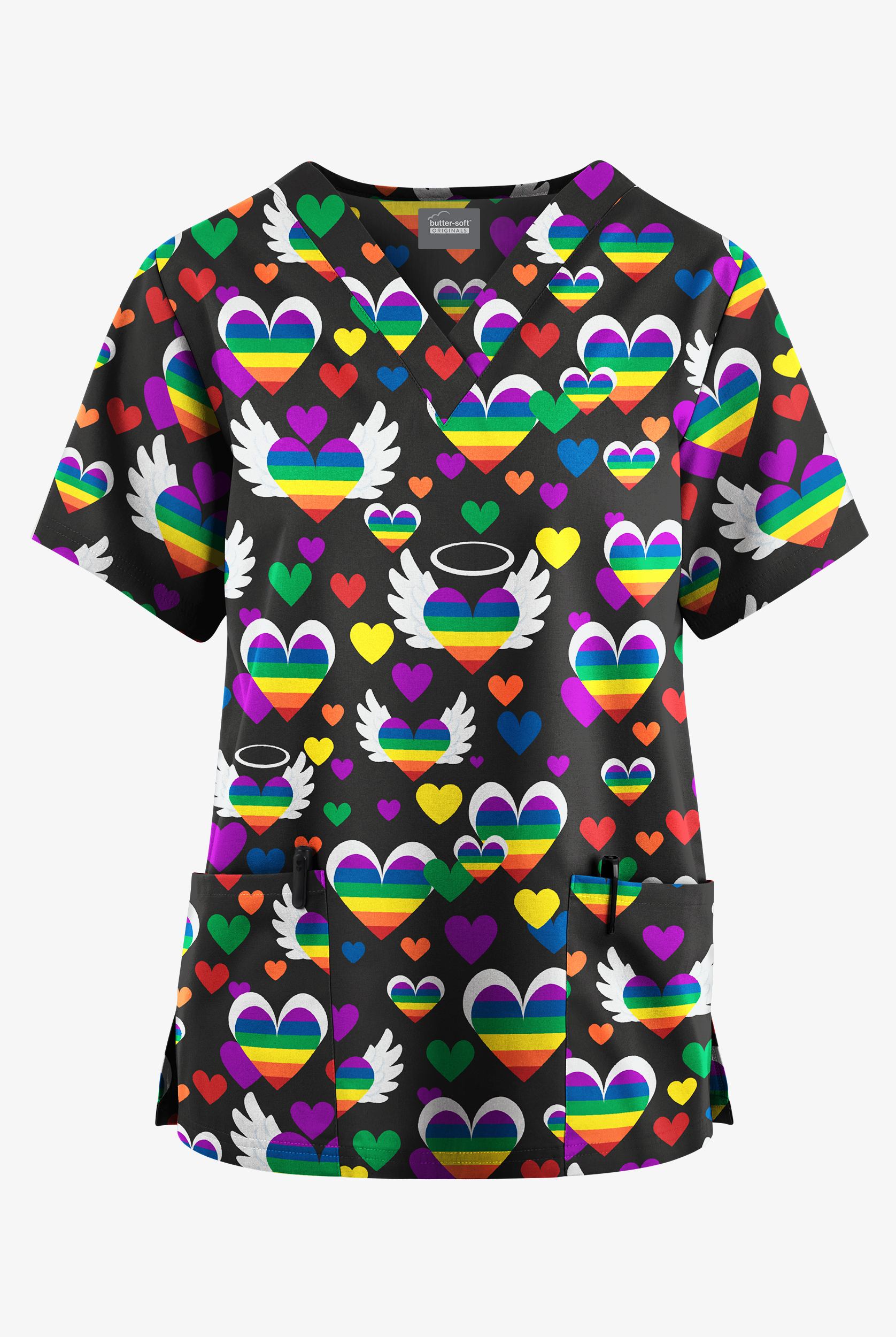 Butter-Soft Originals Free Hearts Black Women's 2-Pocket V-Neck Print Scrub Top