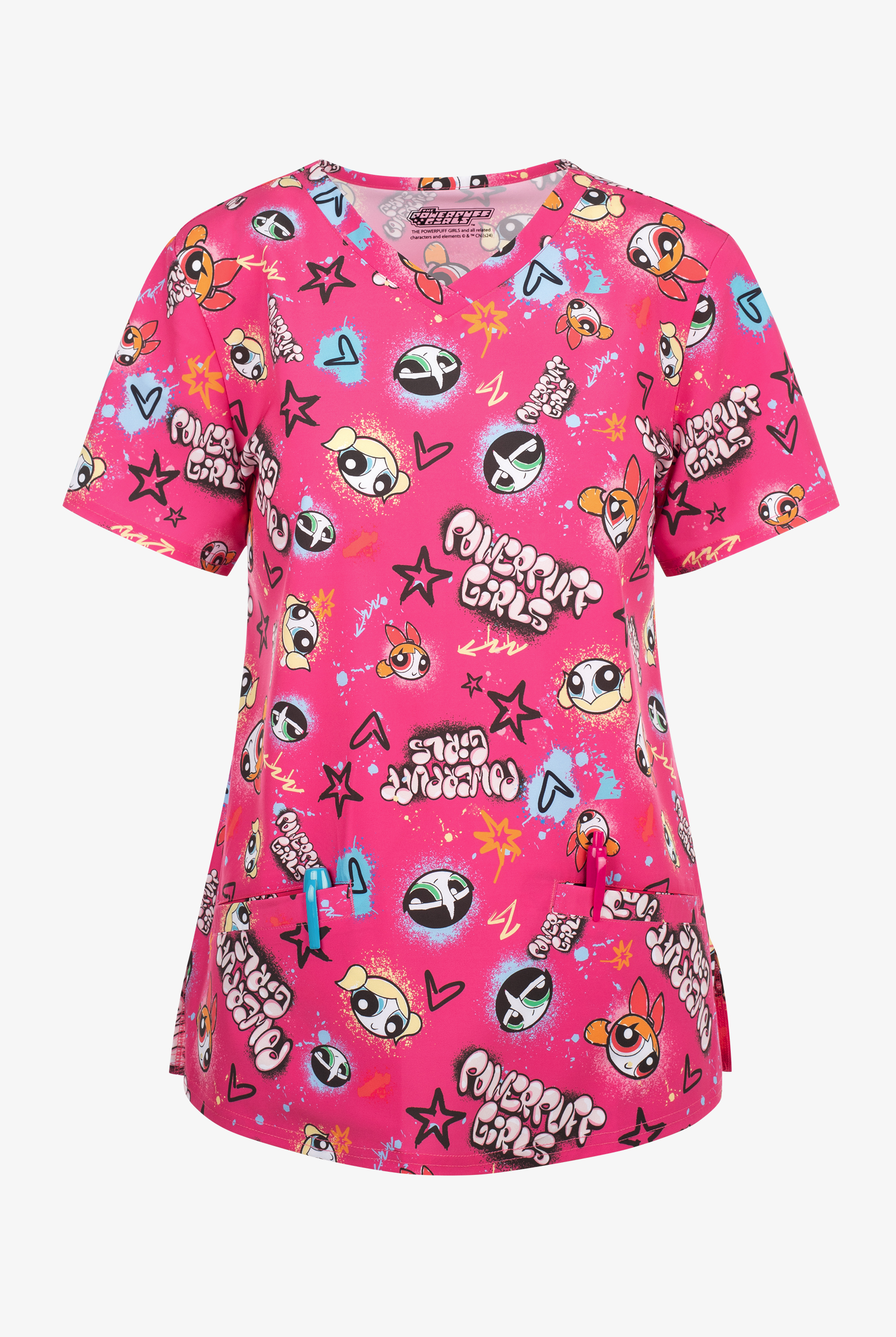 Powerpuff Girls by Funscrubs Women's 2-Pocket STRETCH V-Neck Print Scrub Top