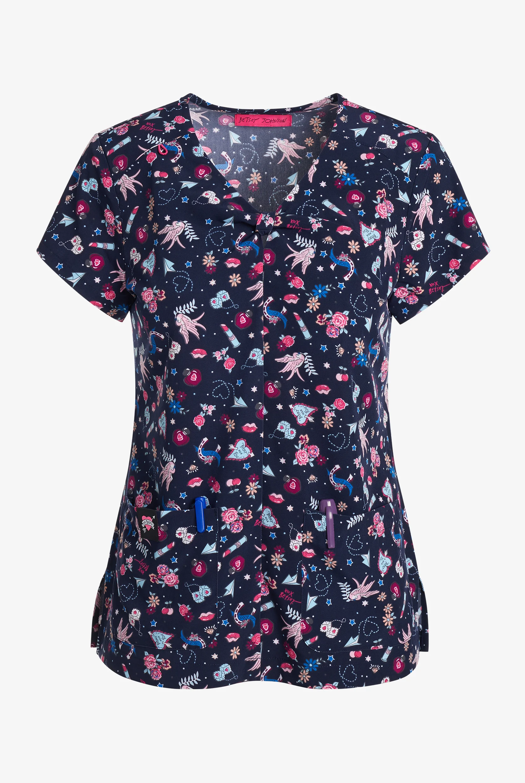Betsey Johnson Hearts XOX You Women's 2-Pocket STRETCH Round Neck Print Scrub Top