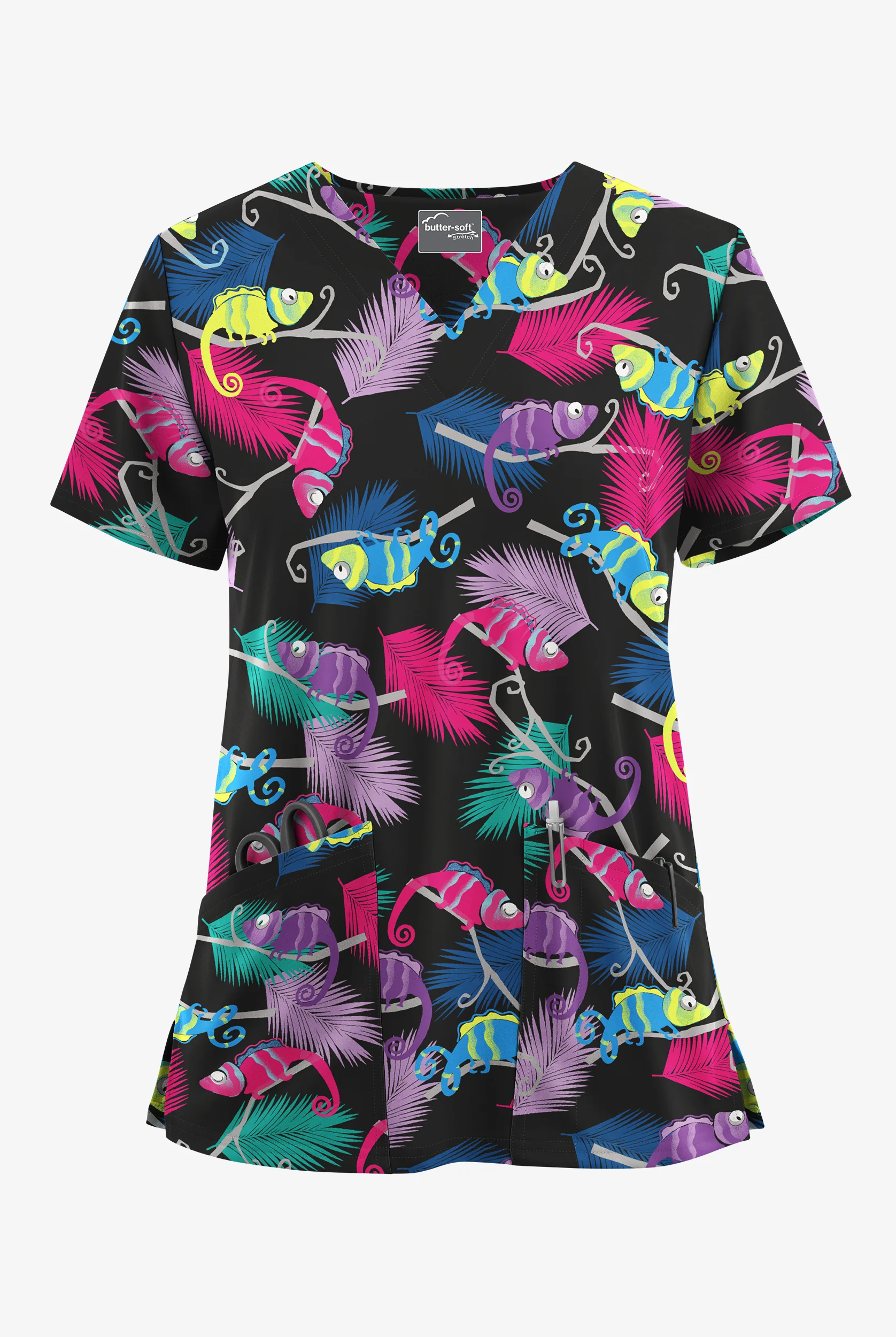Butter-Soft STRETCH Chameleon Adventure Women's 2-Pocket V-Neck Print Scrub Top