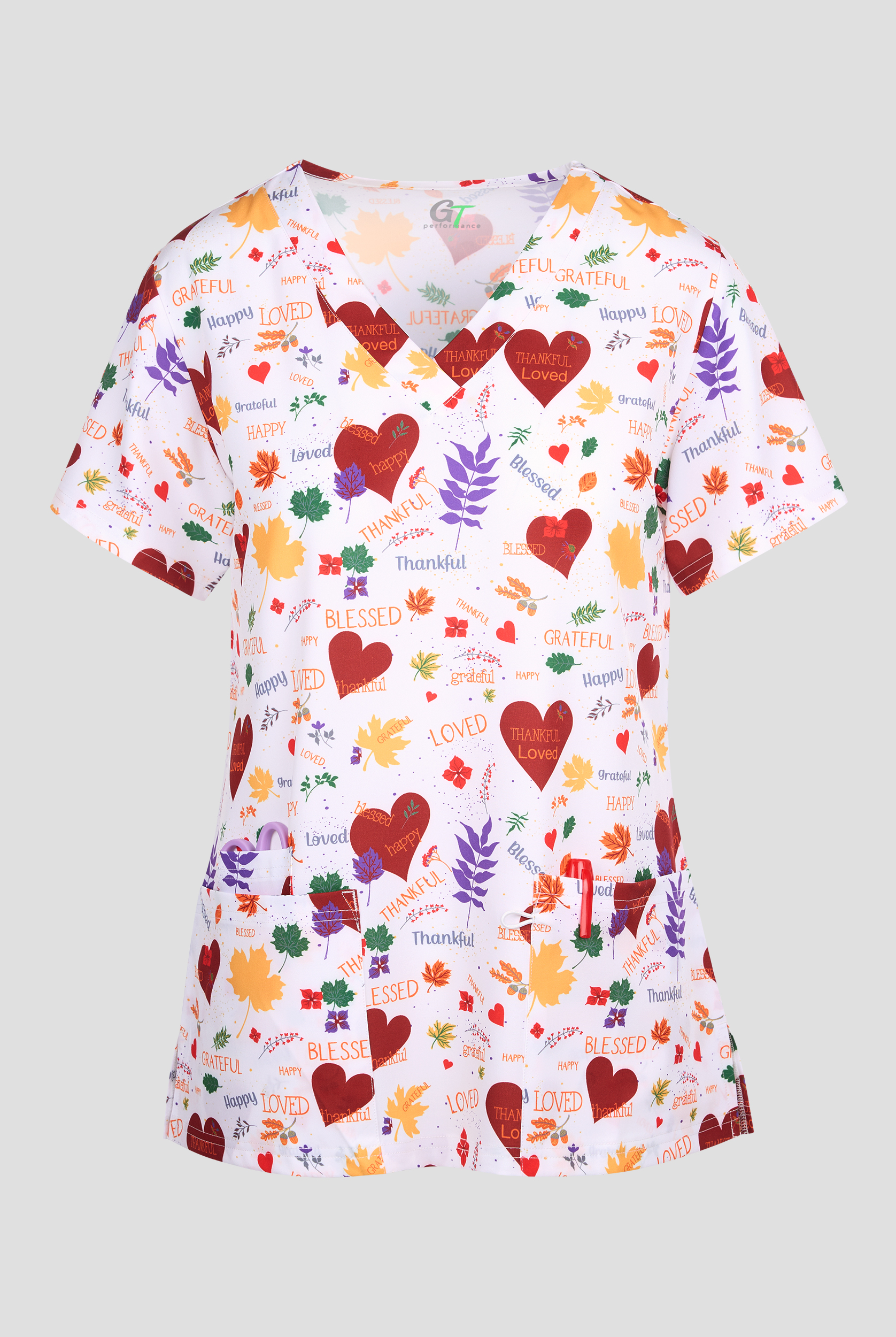 Green Town Inspirational Autumn Women's 3-Pocket STRETCH V-Neck Print Scrub Top