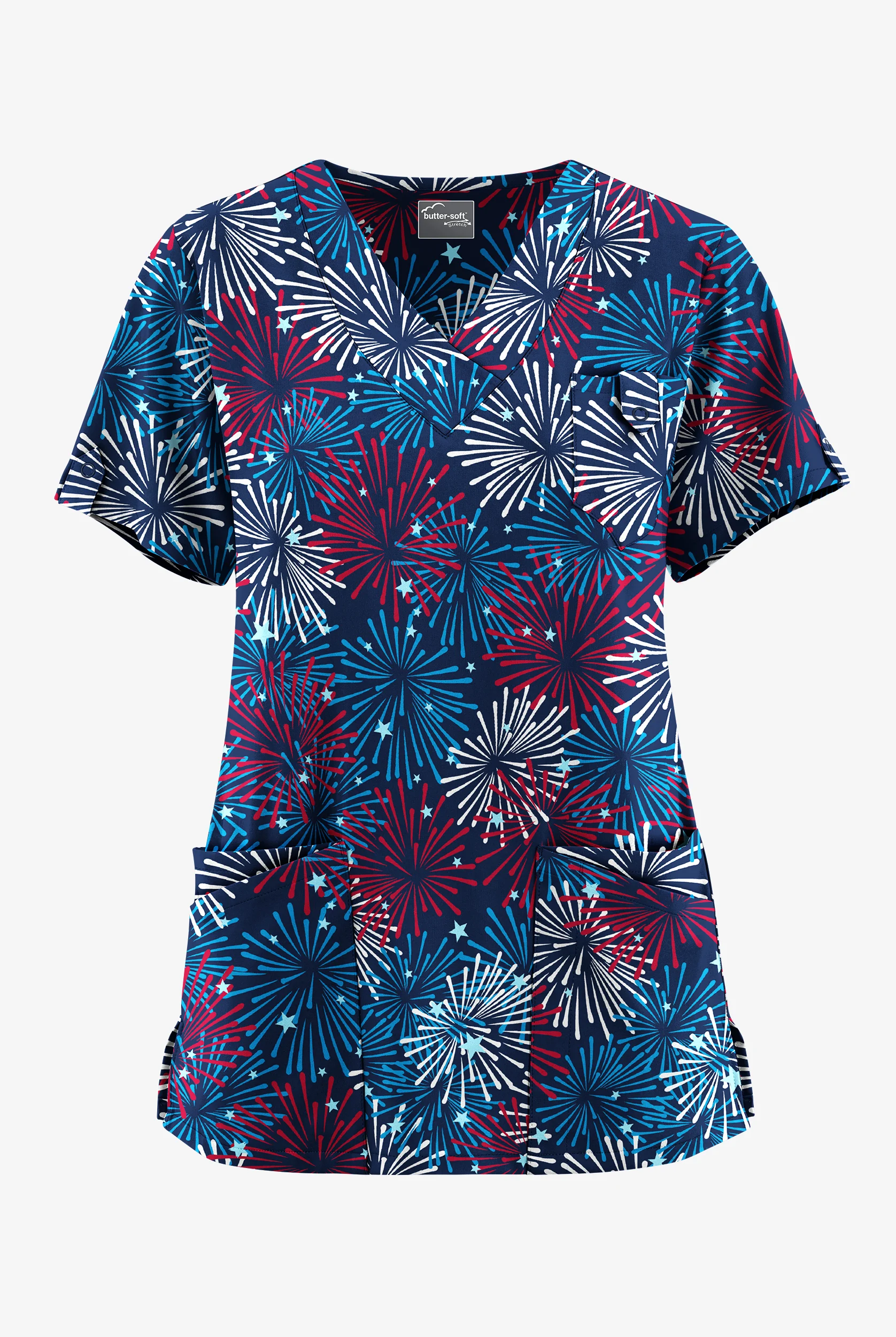 Butter-Soft STRETCH Celebration Day Navy Women's 5-Pocket V-Neck Print Scrub Top