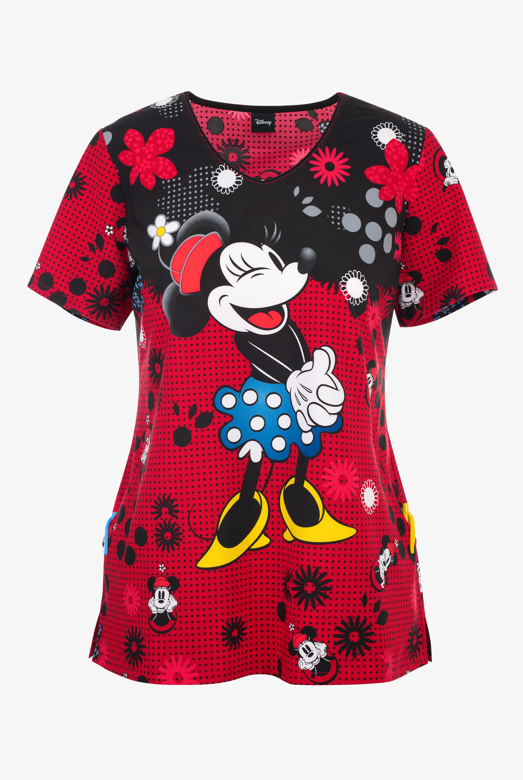 Tooniforms Disney's Mighty Minnie Women's 2-Pocket STRETCH V-Neck Print Scrub Top