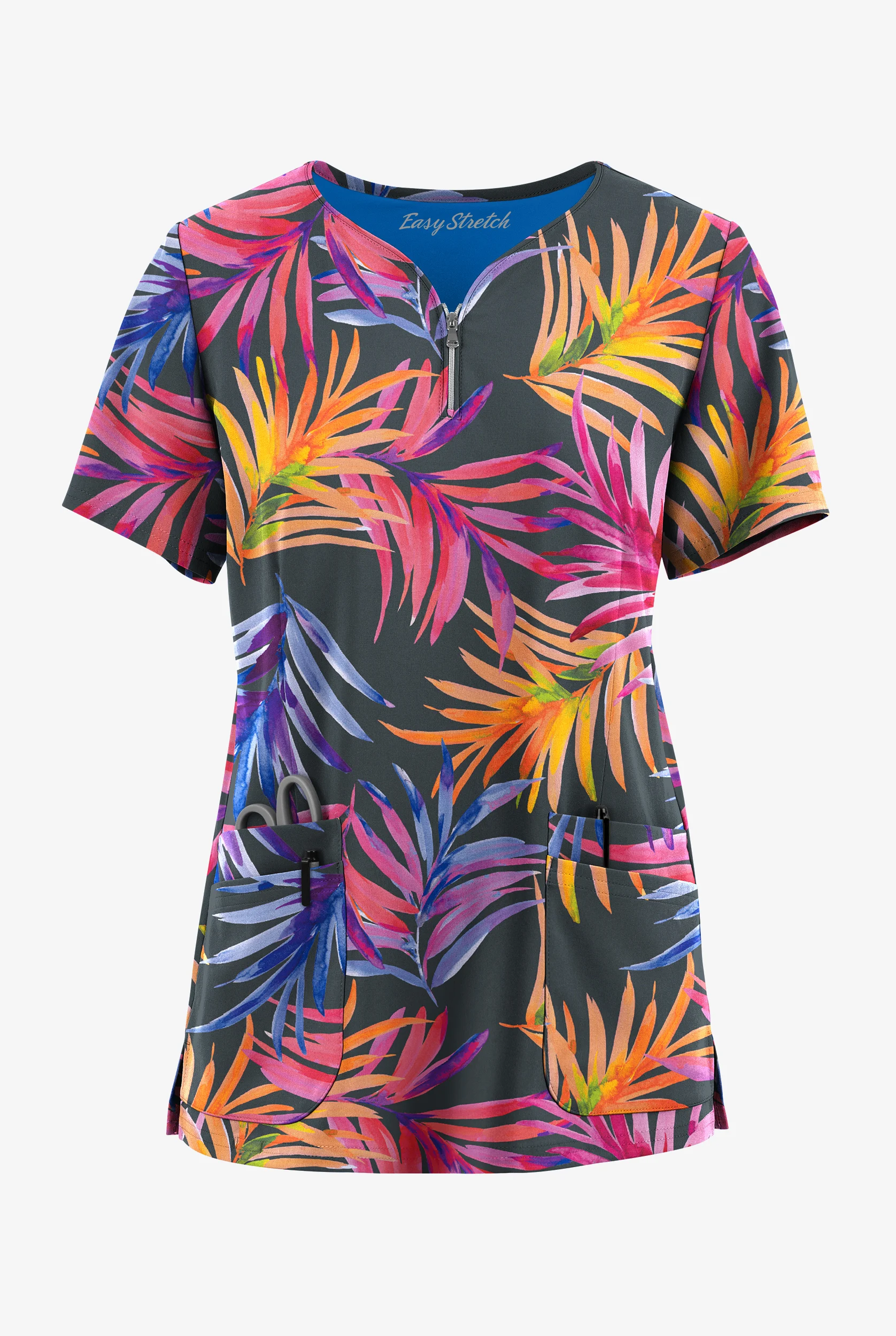 Easy STRETCH Flower Splash Pewter Women's 4-Pocket Zip Curved Neck Print Scrub Top