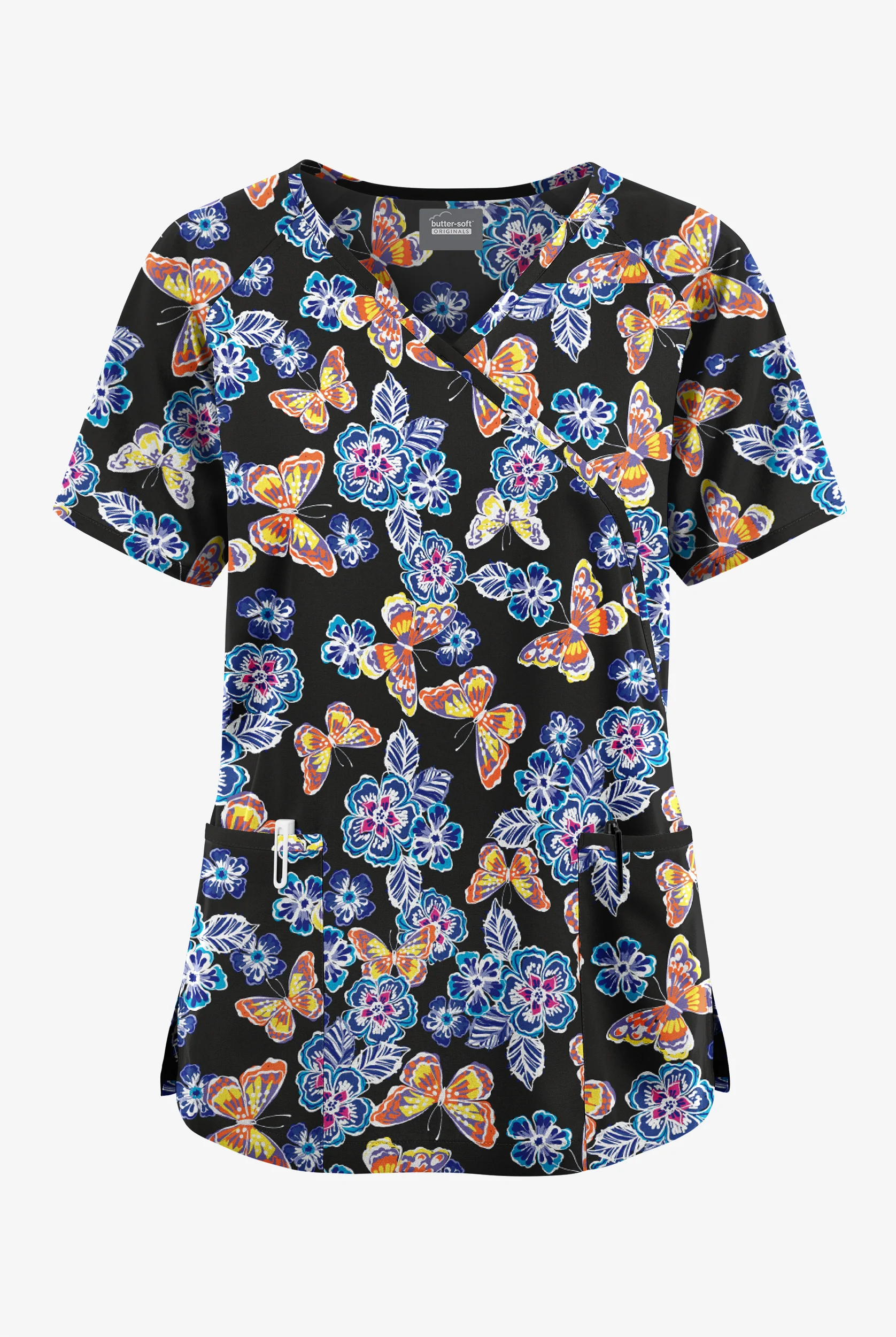 Butter-Soft Originals Spring Day Women's 3-Pocket Mock Wrap with Ties Print Scrub Top